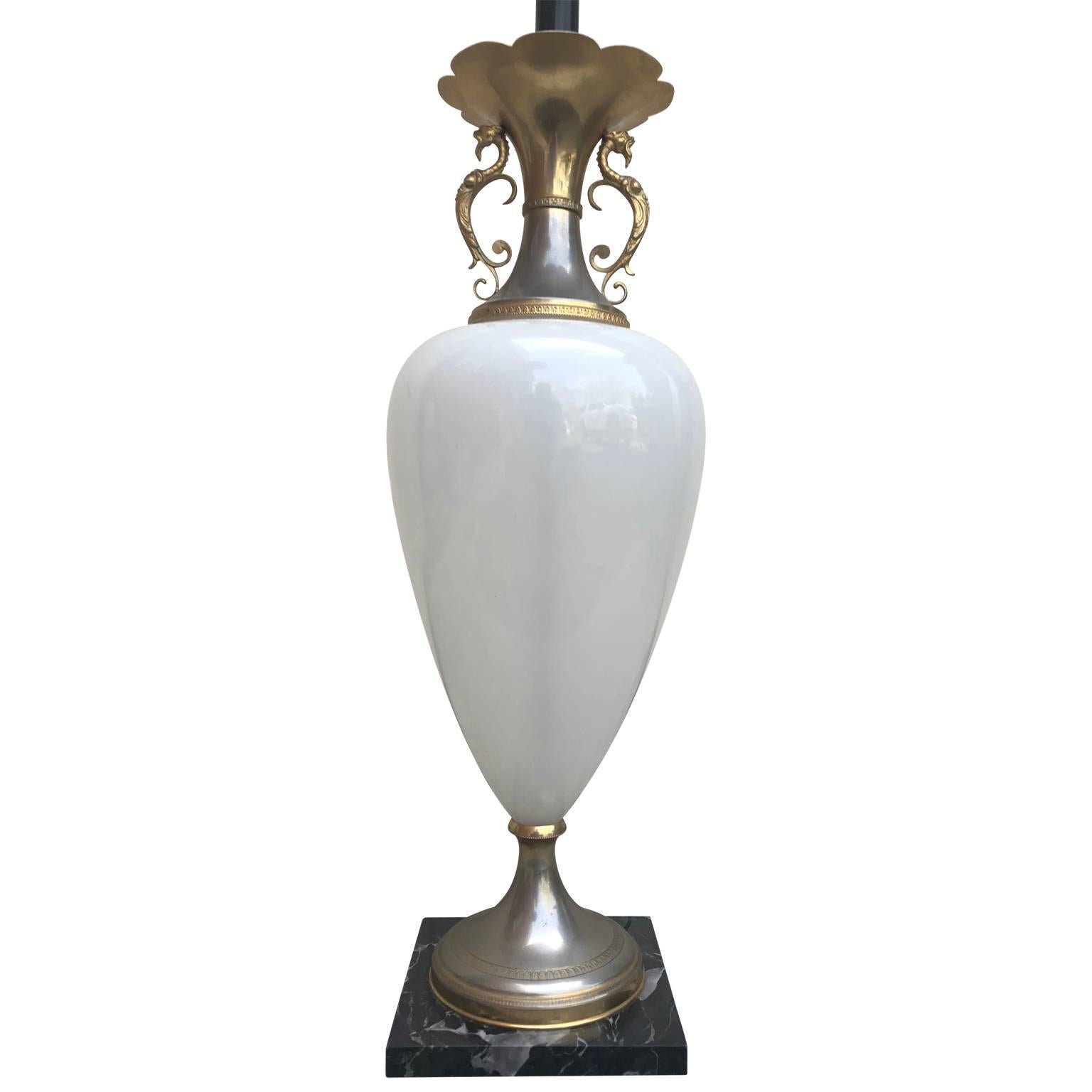 Opaline Glass Large White Opaline Table Lamp on Black Marble Base