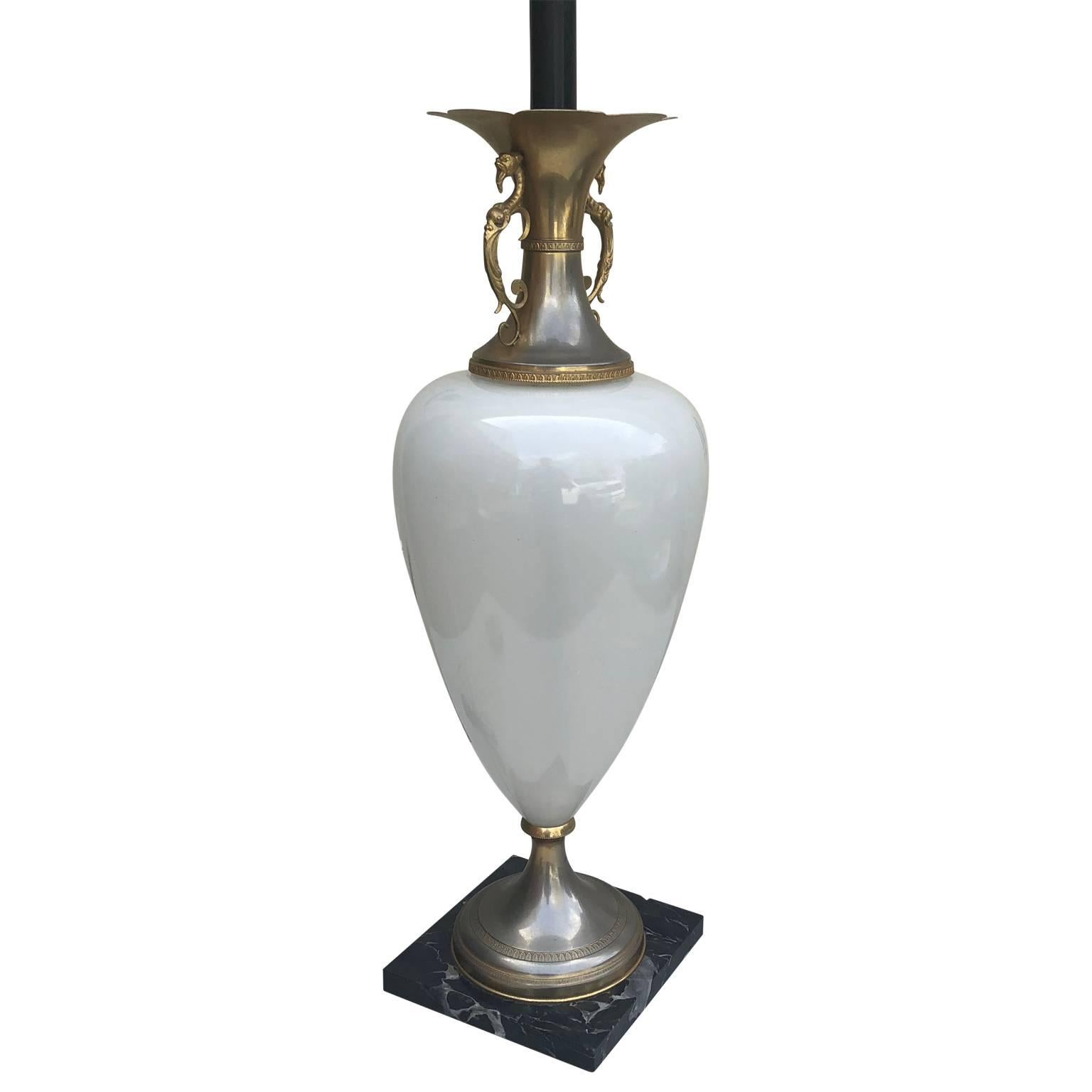 Large White Opaline Table Lamp on Black Marble Base 1