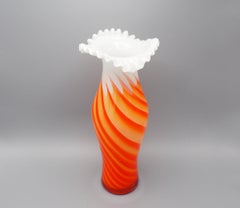 Large White Opaline Vase with Orange Swirls, 1960s