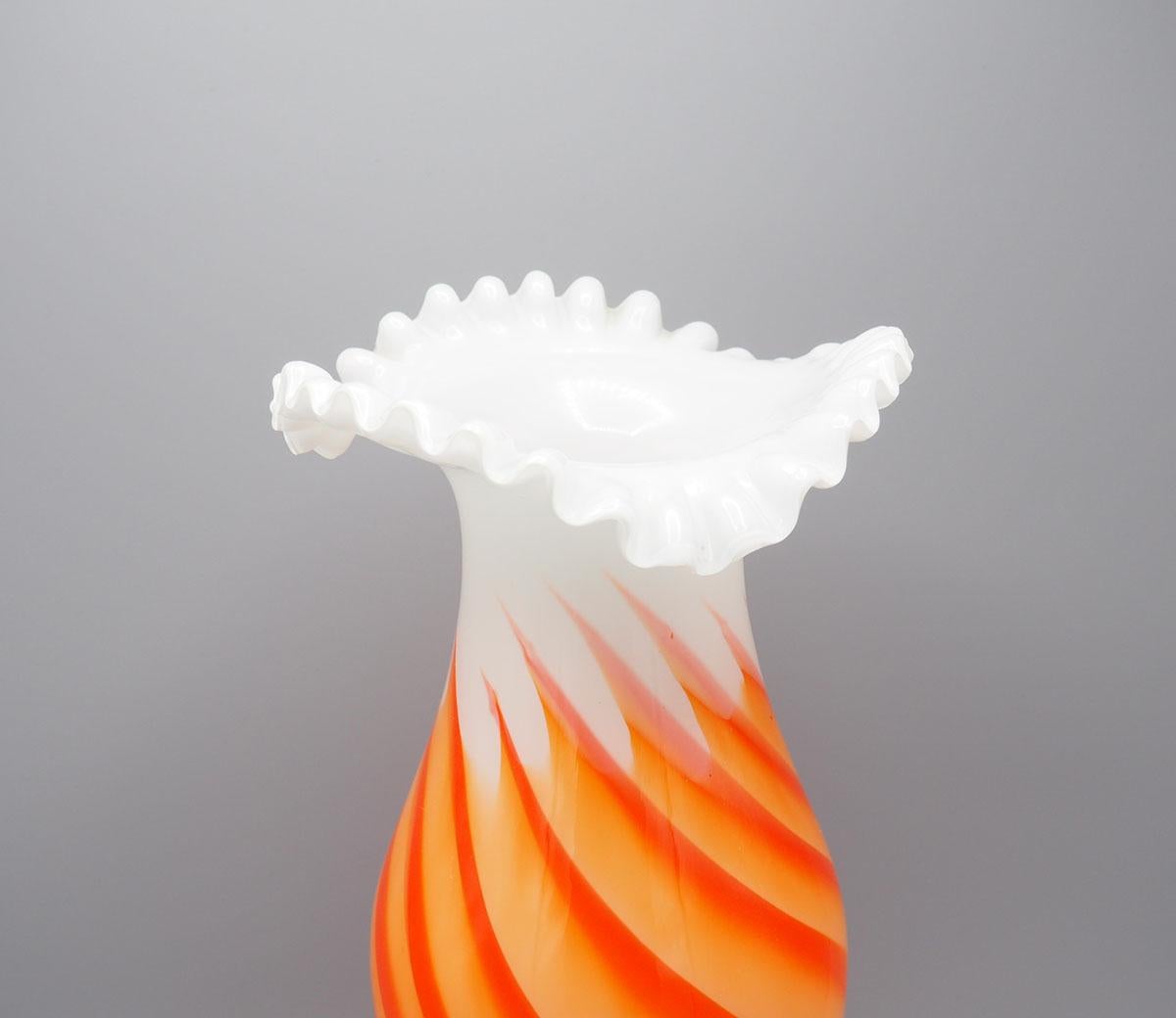 Mid-Century Modern Large White Opaline Vase with Orange Swirls, 1960s For Sale