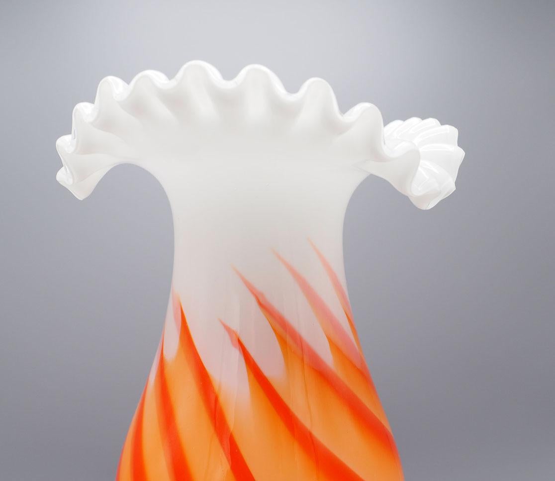 Italian Large White Opaline Vase with Orange Swirls, 1960s For Sale