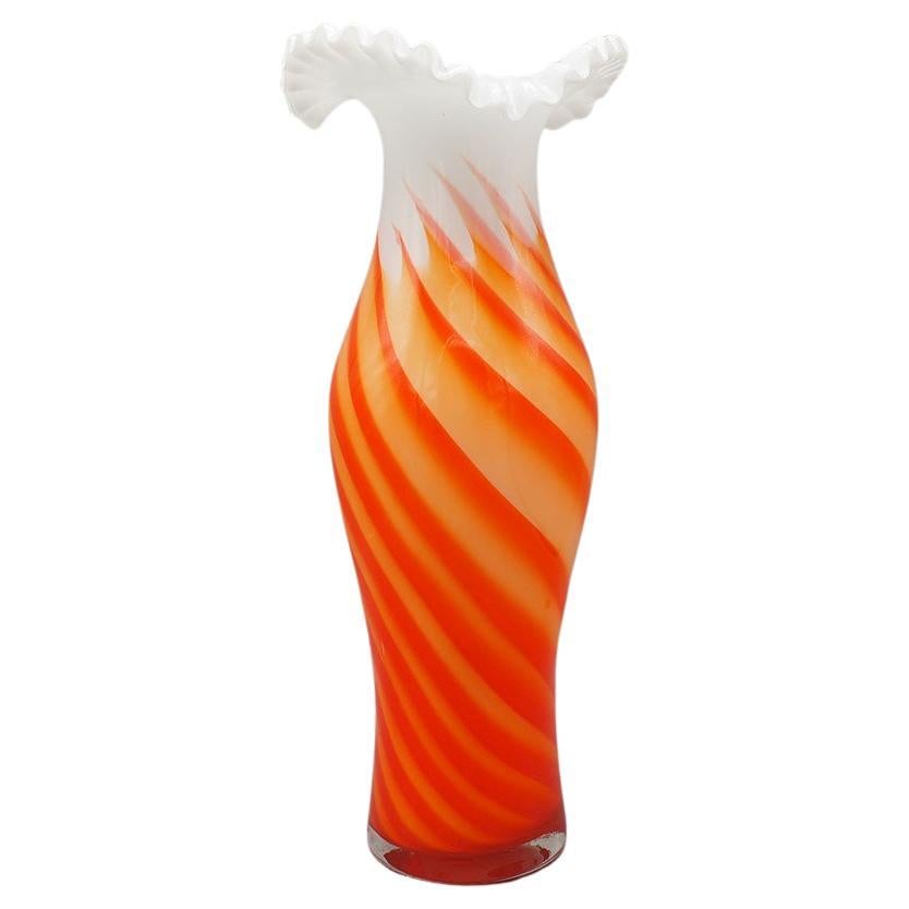 Large White Opaline Vase with Orange Swirls, 1960s For Sale