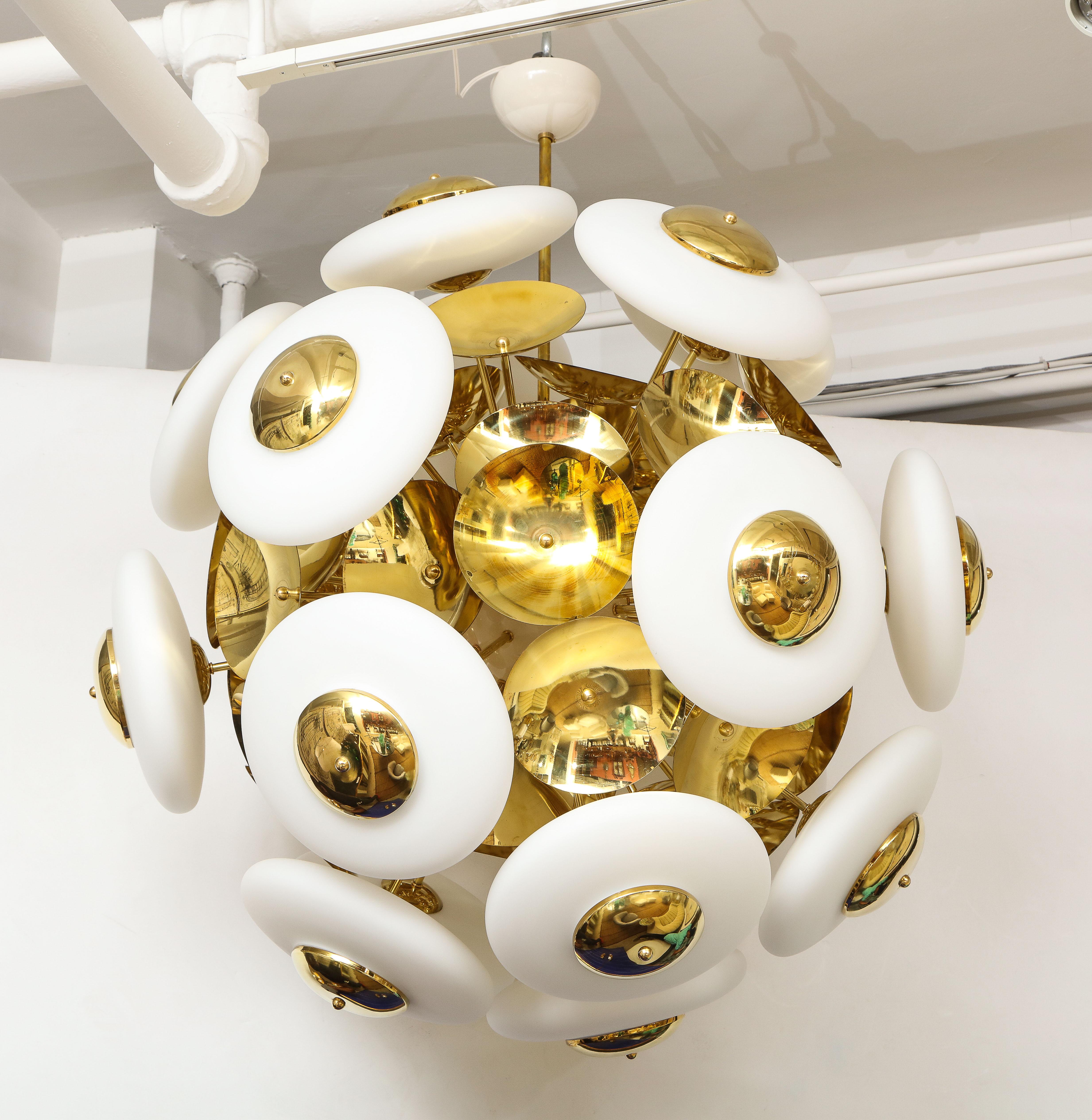 Large White Murano Glass and Brass Sphere Sputnik Round Chandelier, Italy 2