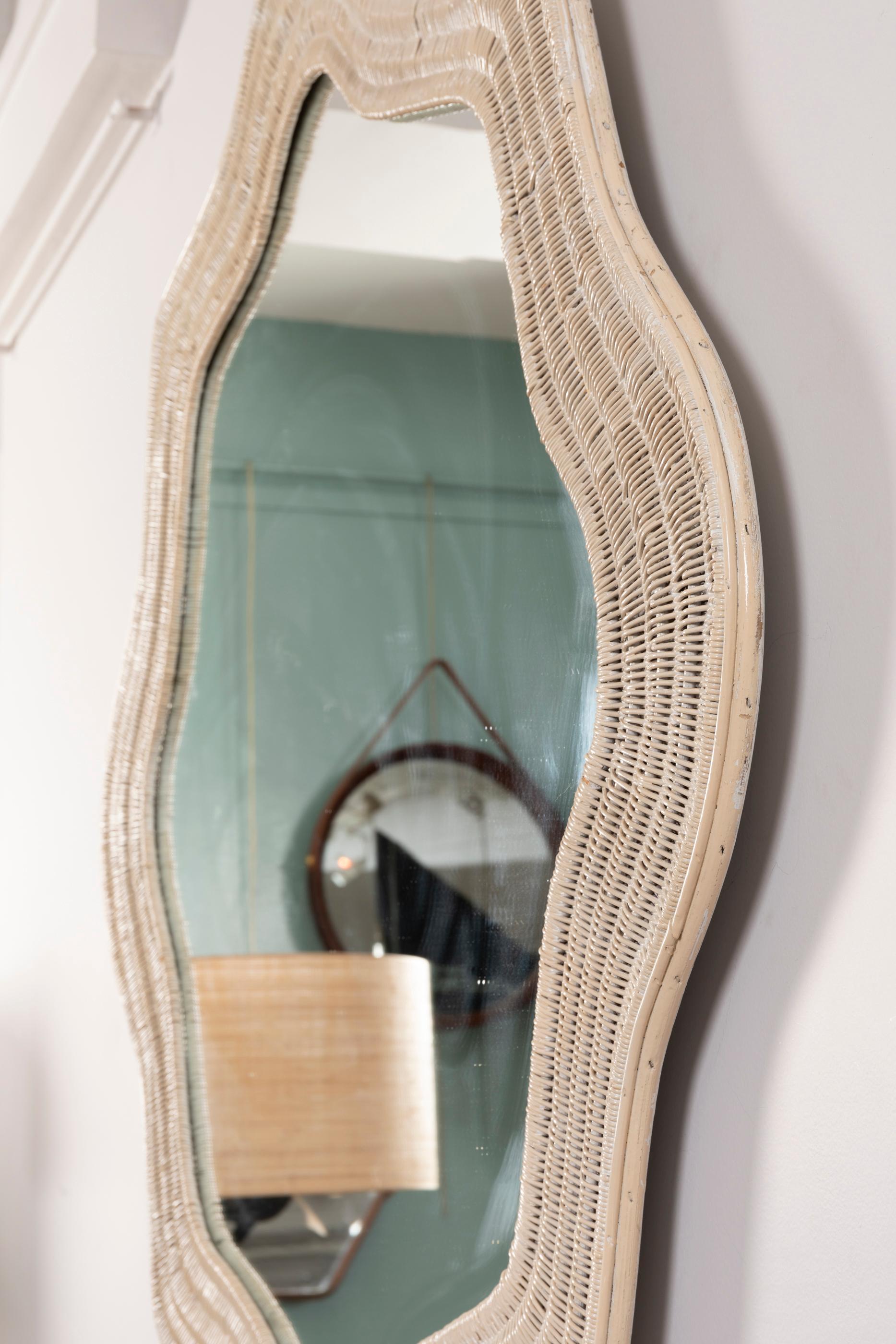 Mid-Century Modern Large White Painted Wicker Mirror, France, circa 1970