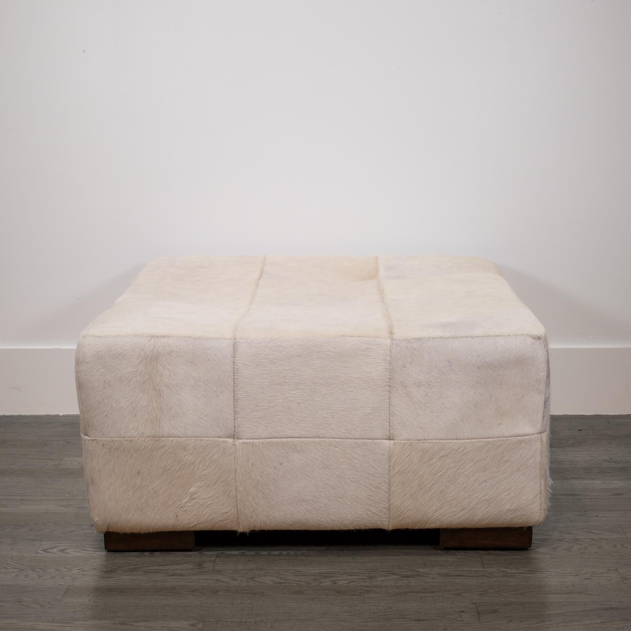 Large White Patchwork Cowhide Ottoman In Good Condition In San Francisco, CA