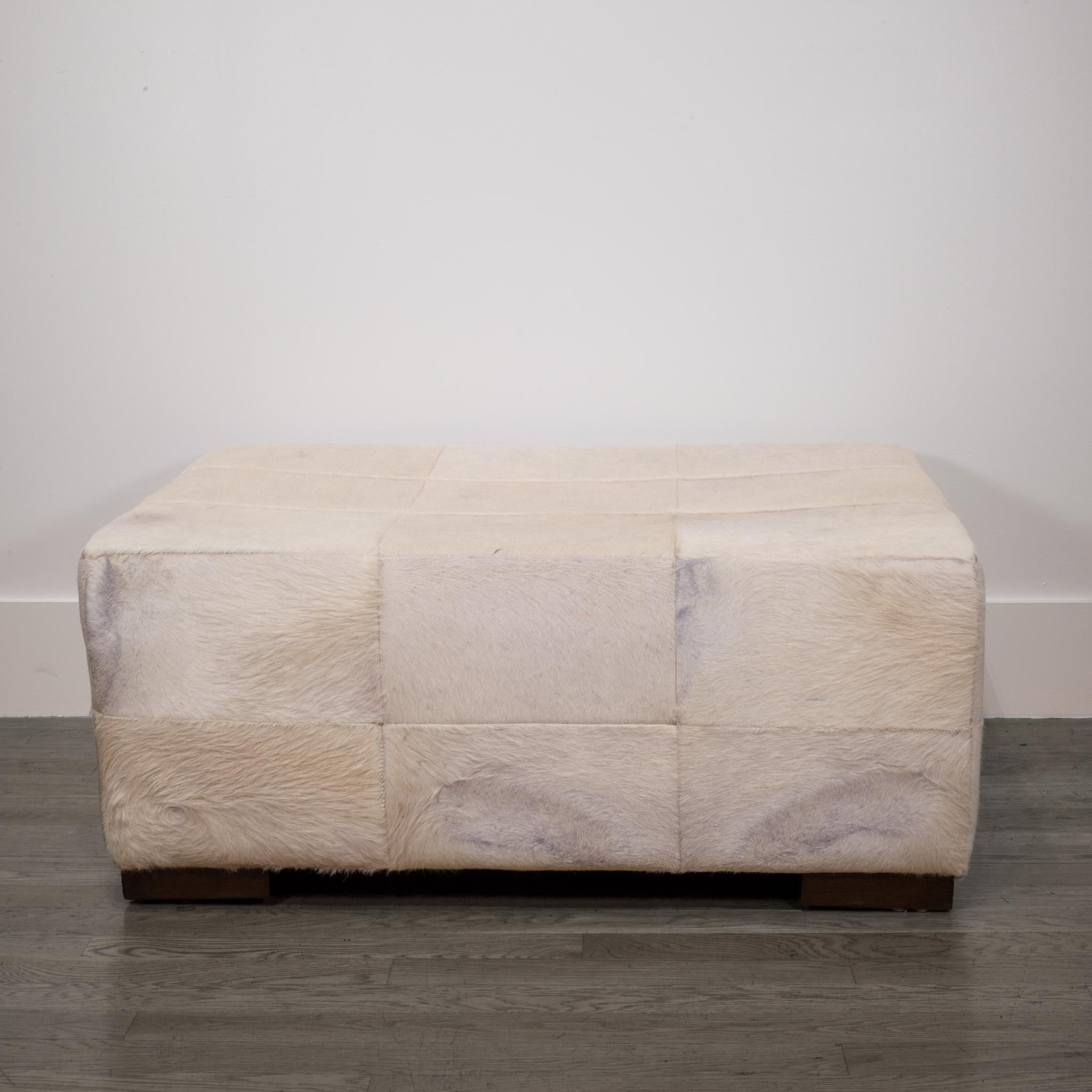 Contemporary Large White Patchwork Cowhide Ottoman