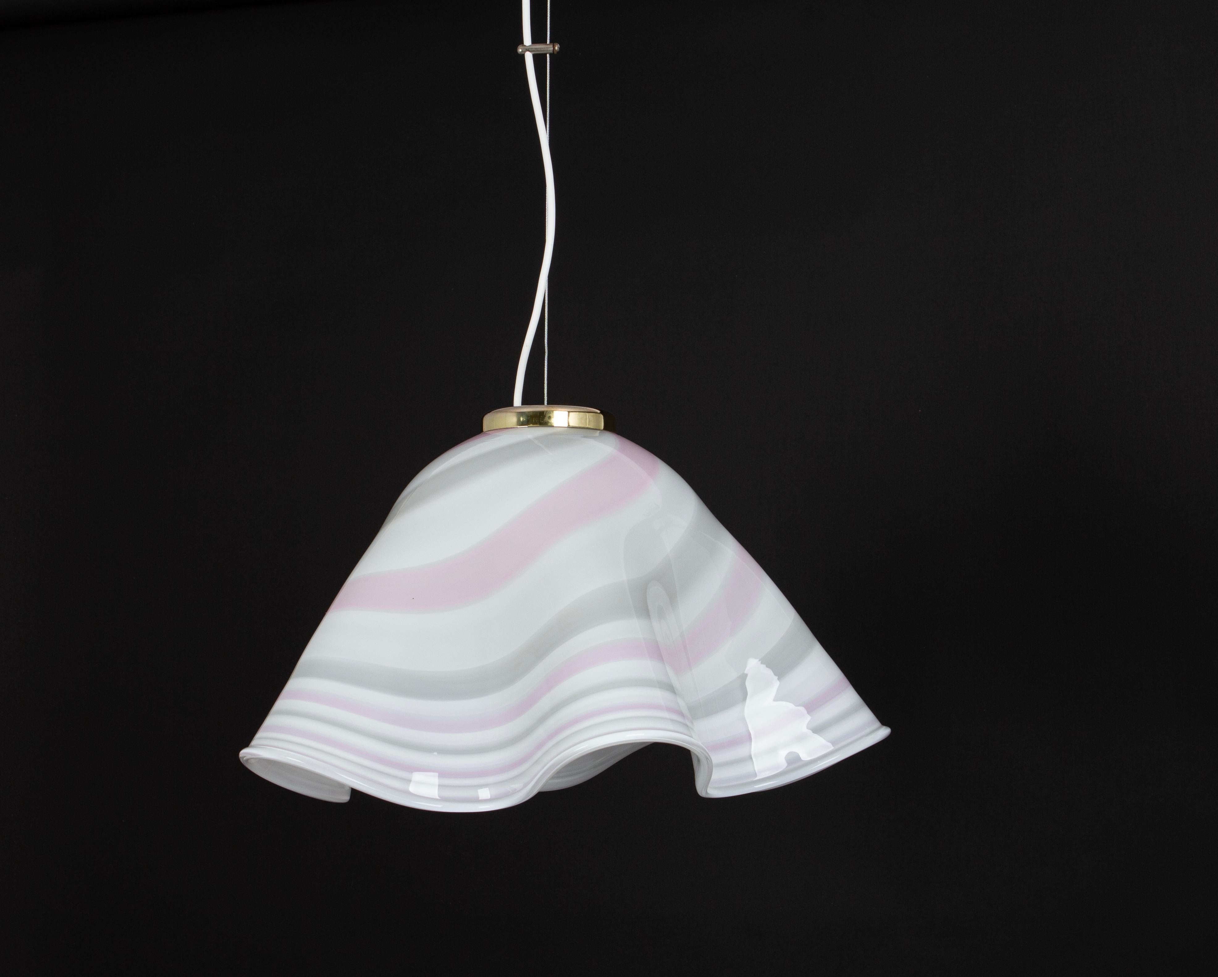 Large White Pink Glass Pendant Light Mazzega-Fazzoletto, Italy, 1970s For Sale 3