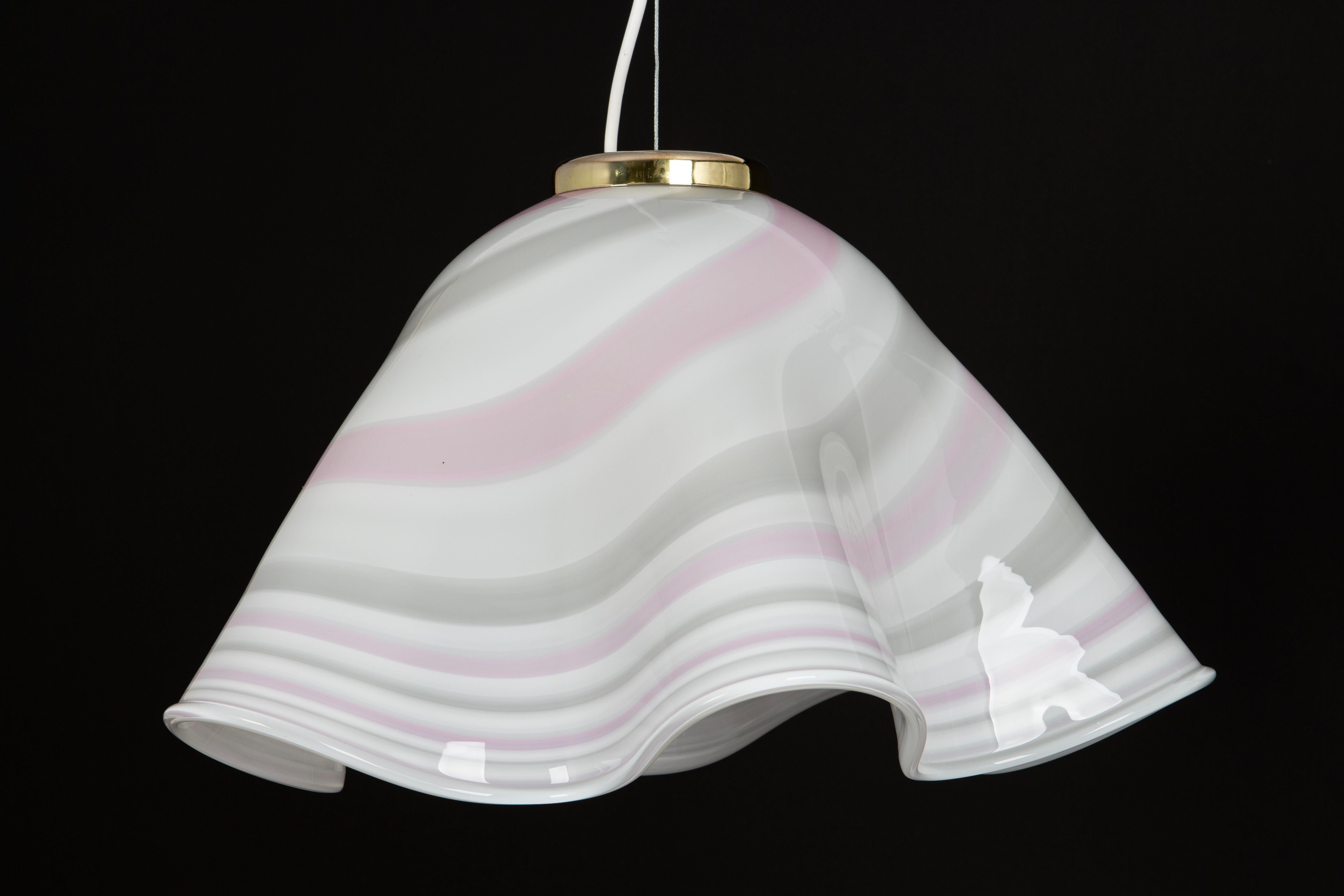 Large White Pink Glass Pendant Light Mazzega-Fazzoletto, Italy, 1970s For Sale 5
