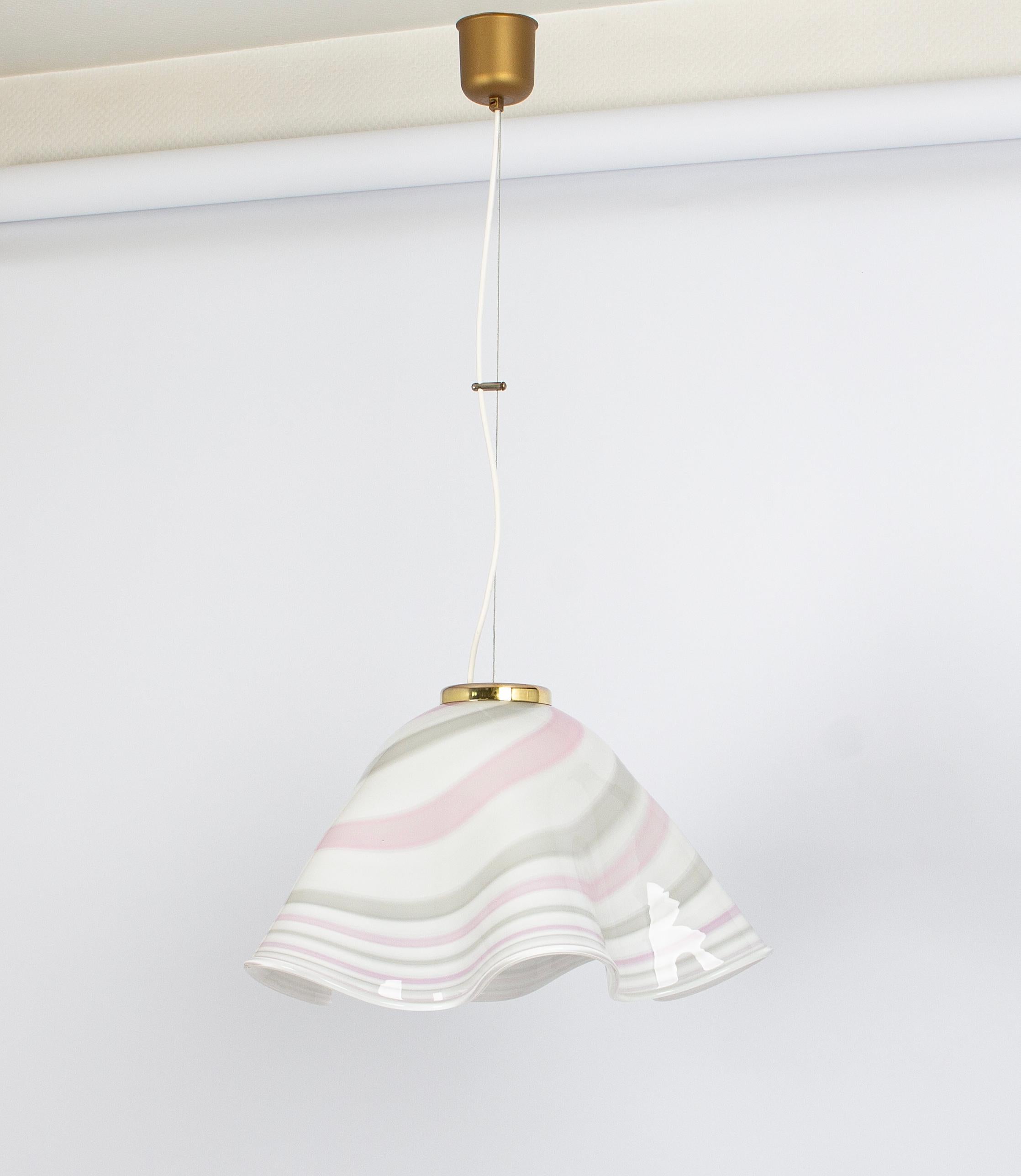 Mid-Century Modern Large White Pink Glass Pendant Light Mazzega-Fazzoletto, Italy, 1970s For Sale