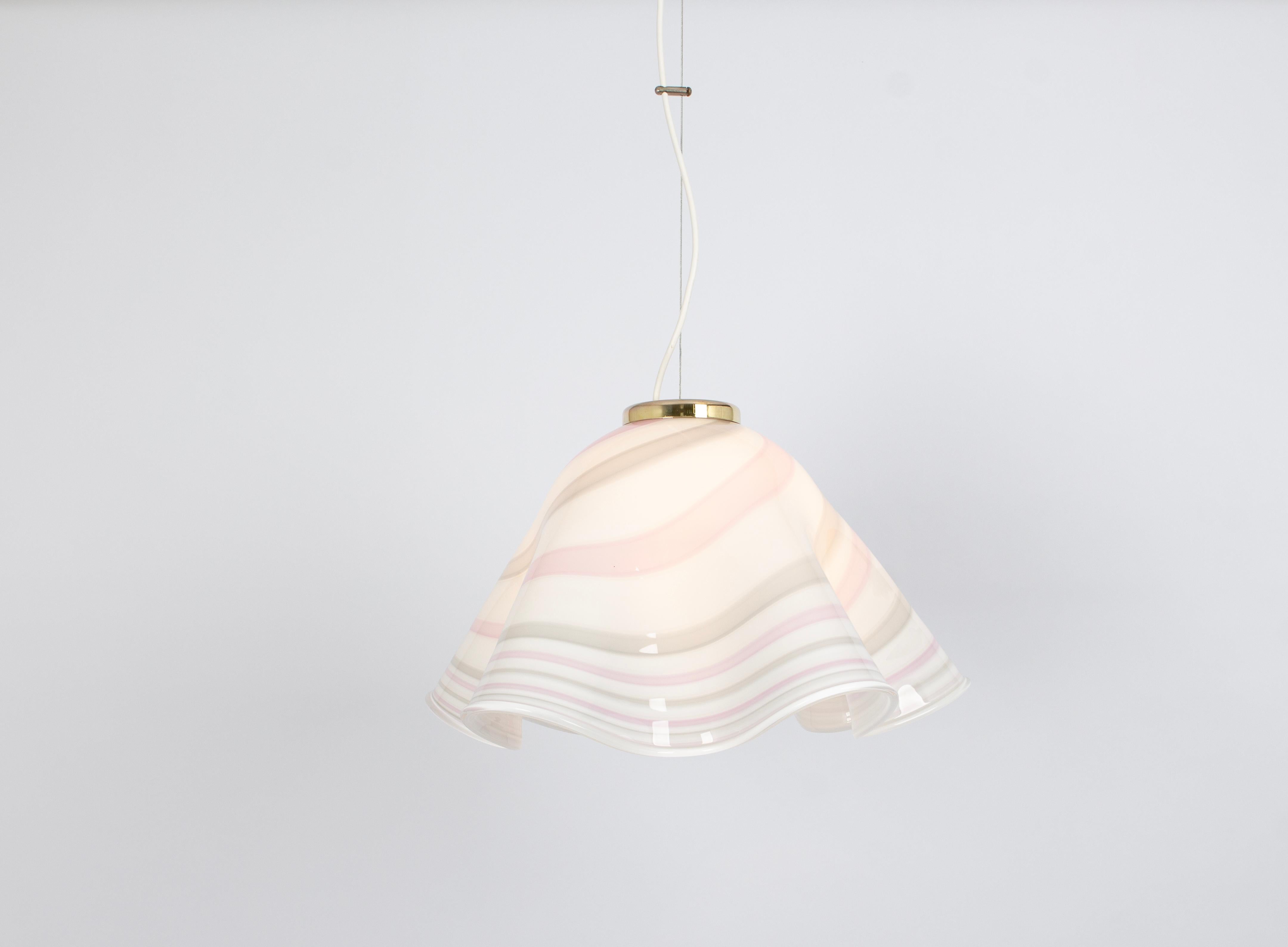 Late 20th Century Large White Pink Glass Pendant Light Mazzega-Fazzoletto, Italy, 1970s For Sale