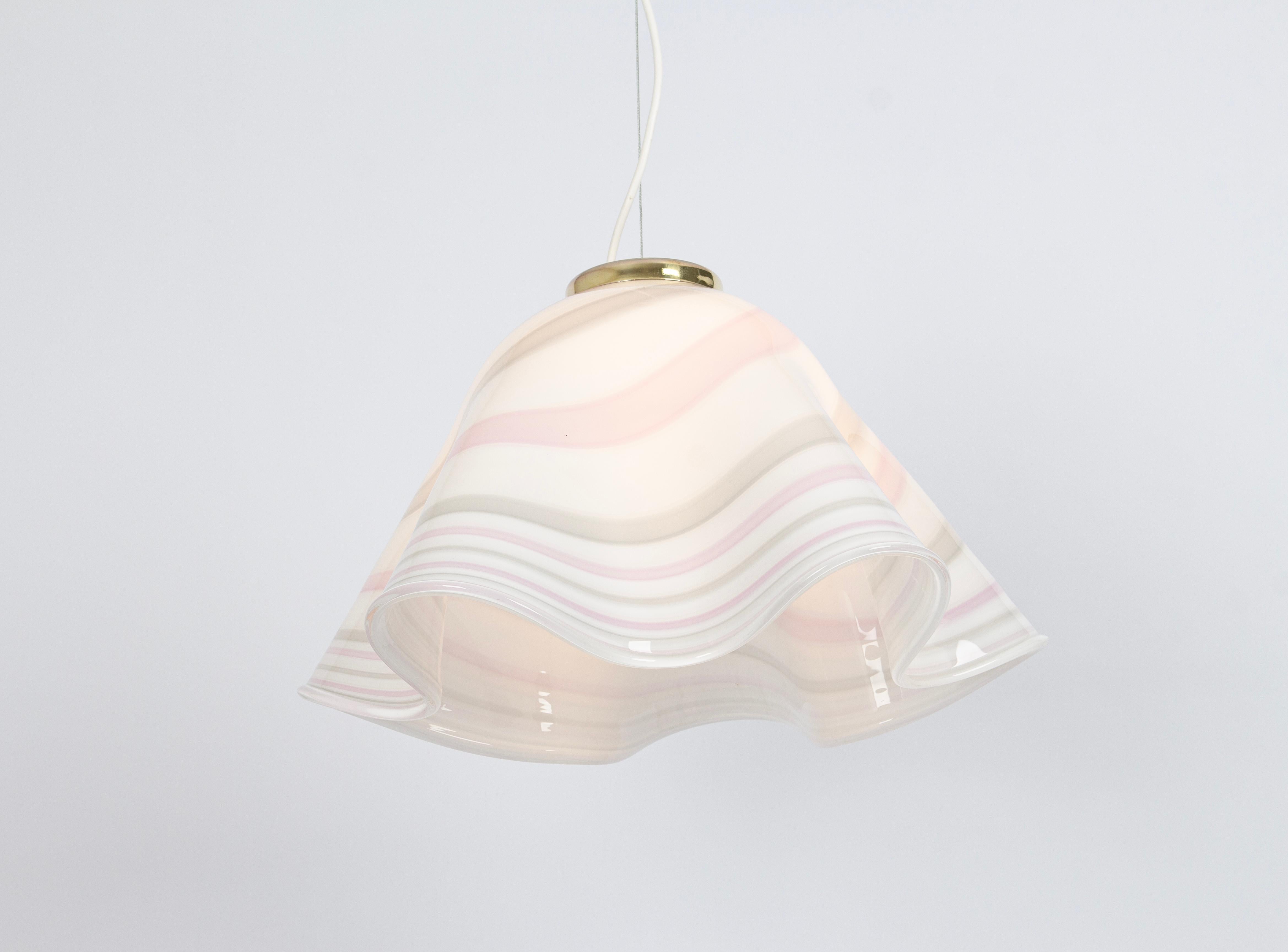 Murano Glass Large White Pink Glass Pendant Light Mazzega-Fazzoletto, Italy, 1970s For Sale