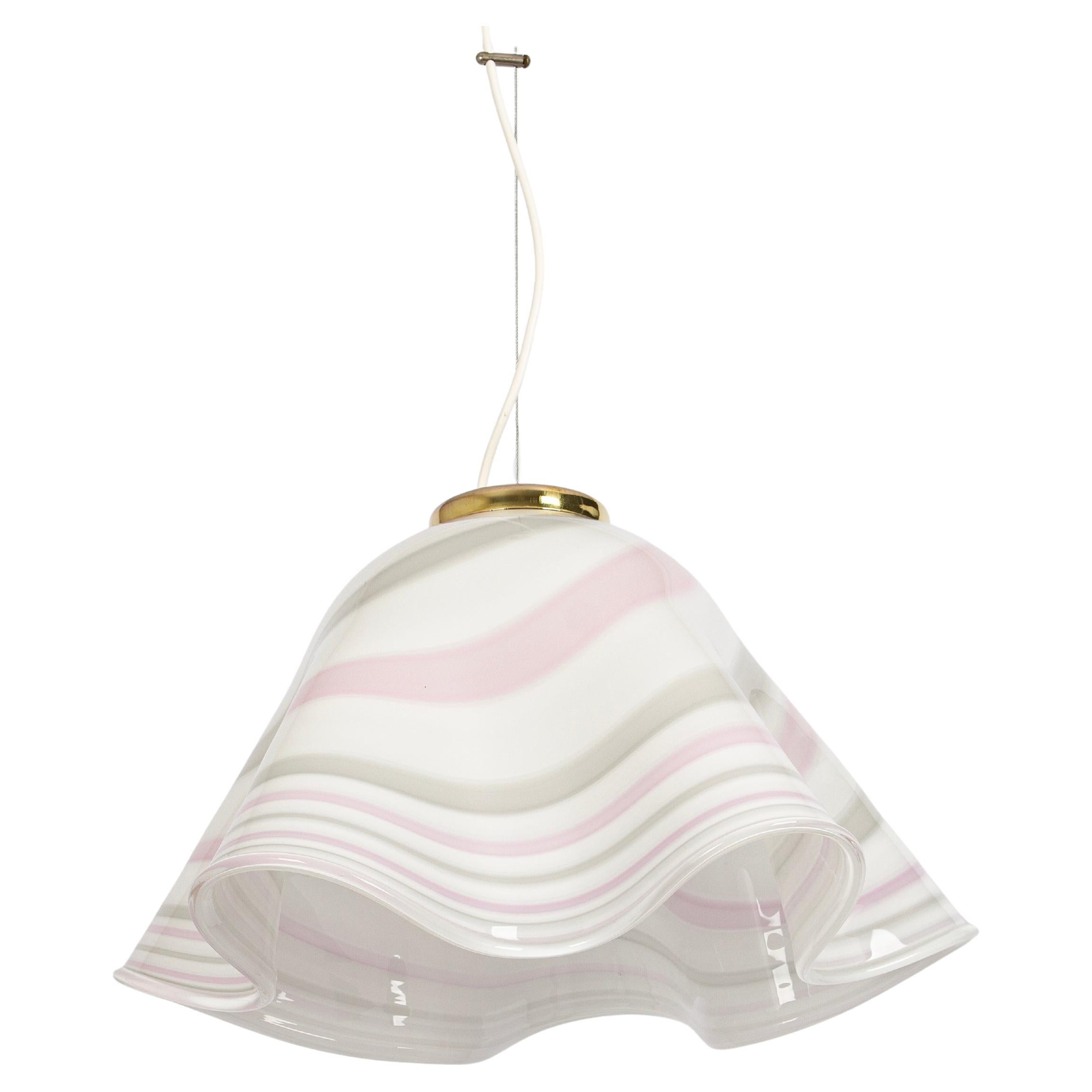 Grande lampe suspendue en verre blanc et rose Mazzega-Fazzoletto, Italie, 1970