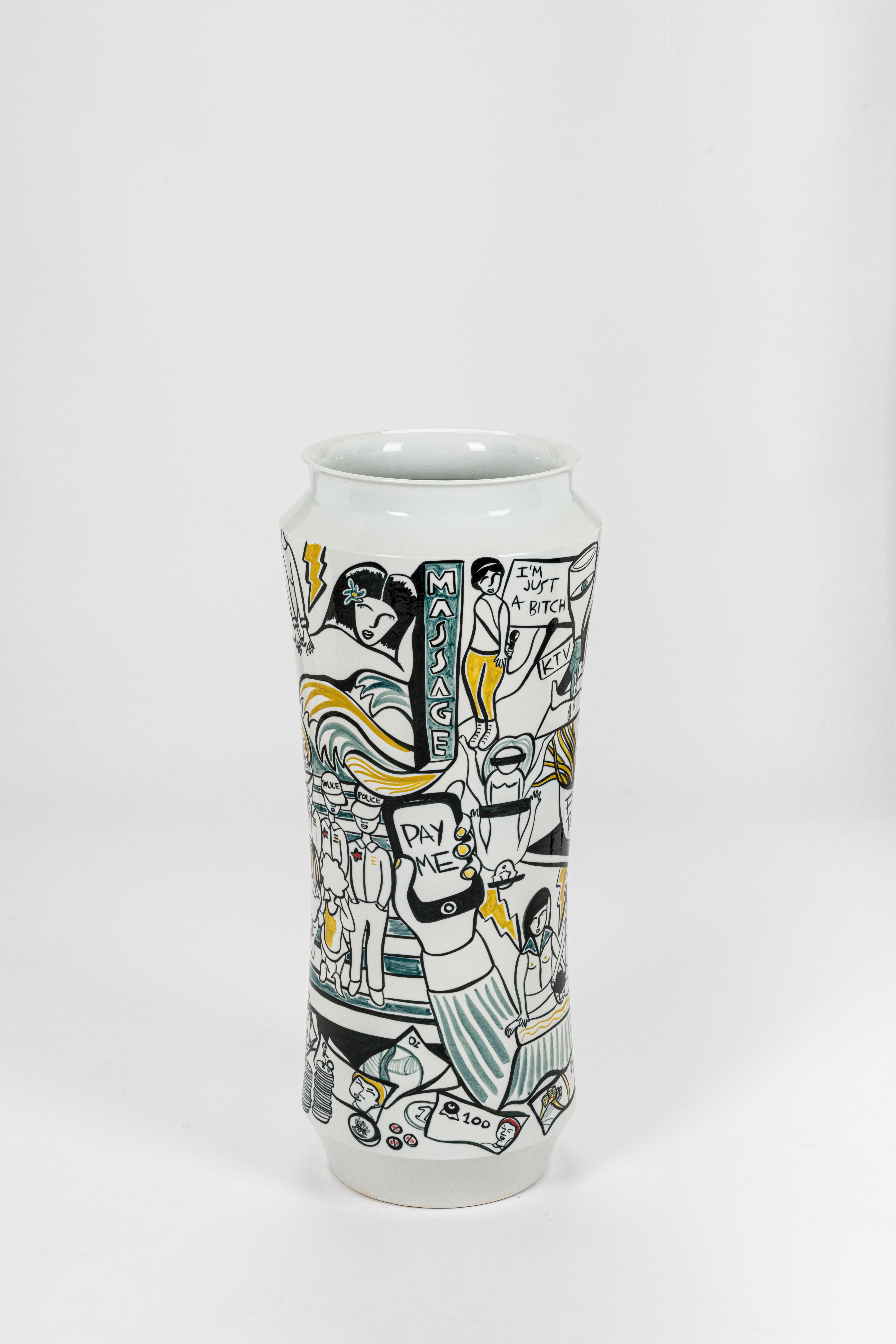 Luce Raggi, Massage (food porn), 2017 glazed porcelain 65 x 25 cm 

Hand-painted vase representing police men, seductive women and amused saints, all dedicated to
their passion for Chinese massage. Work with a strong double meaning. Part of a