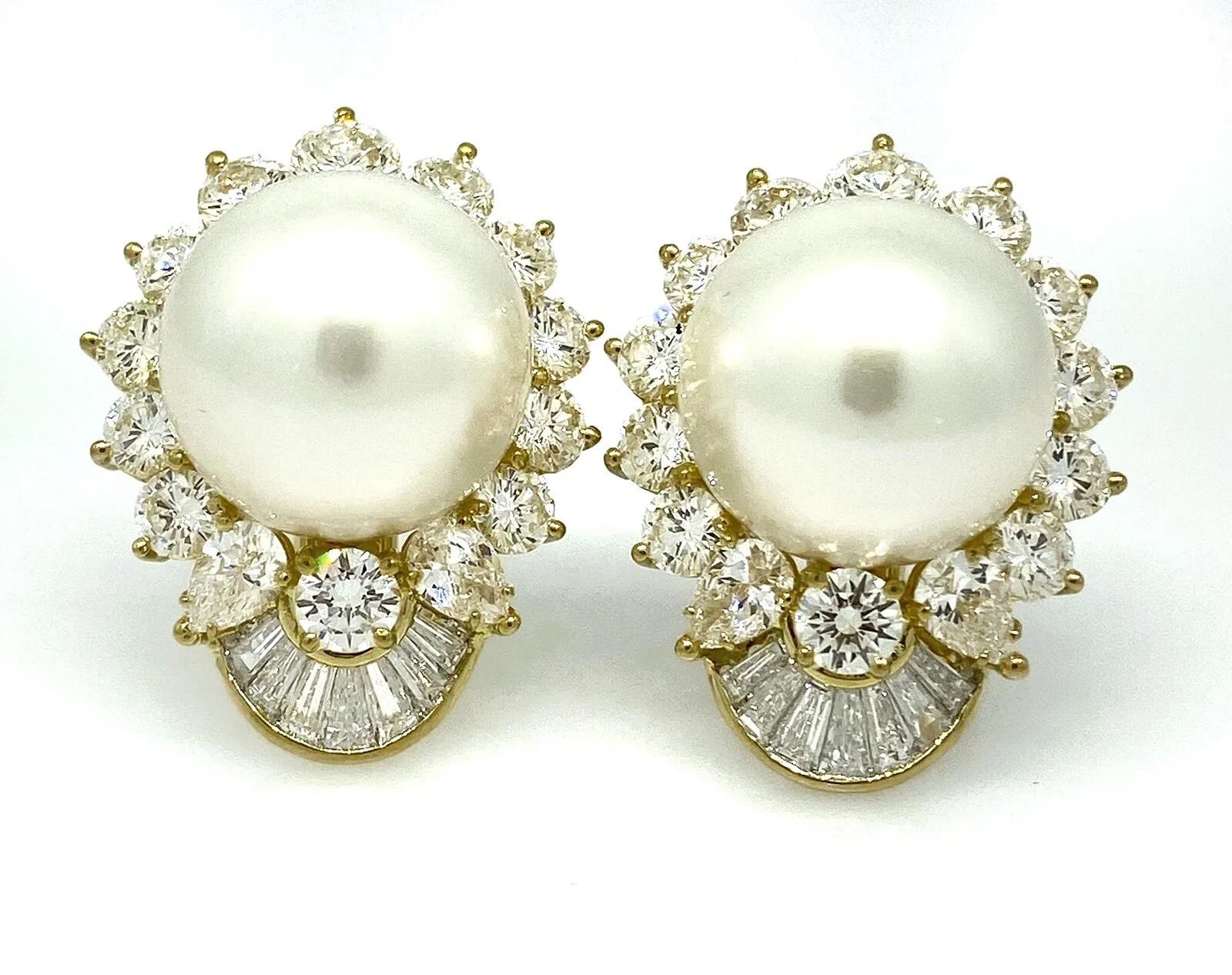 Bead Large White South Sea Pearl and Diamond Earrings in 18k Yellow Gold For Sale