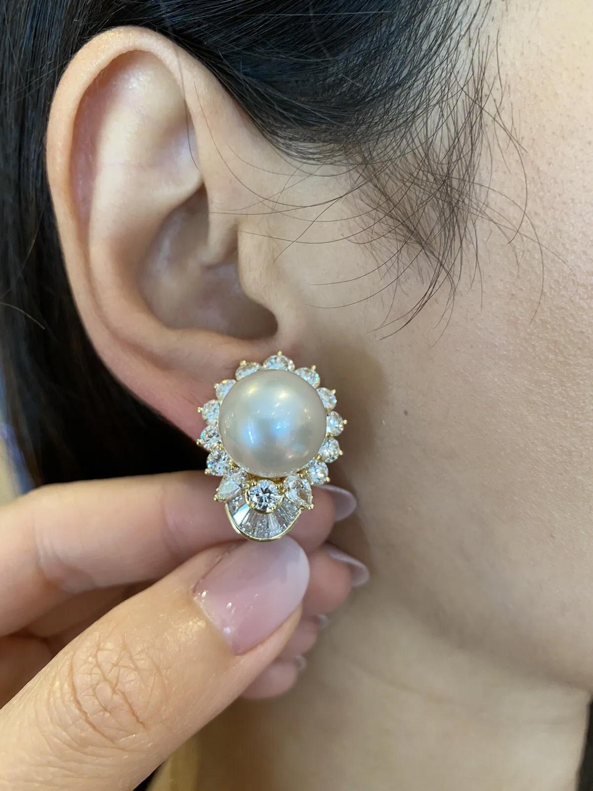Large White South Sea Pearl and Diamond Earrings in 18k Yellow Gold In Excellent Condition For Sale In La Jolla, CA