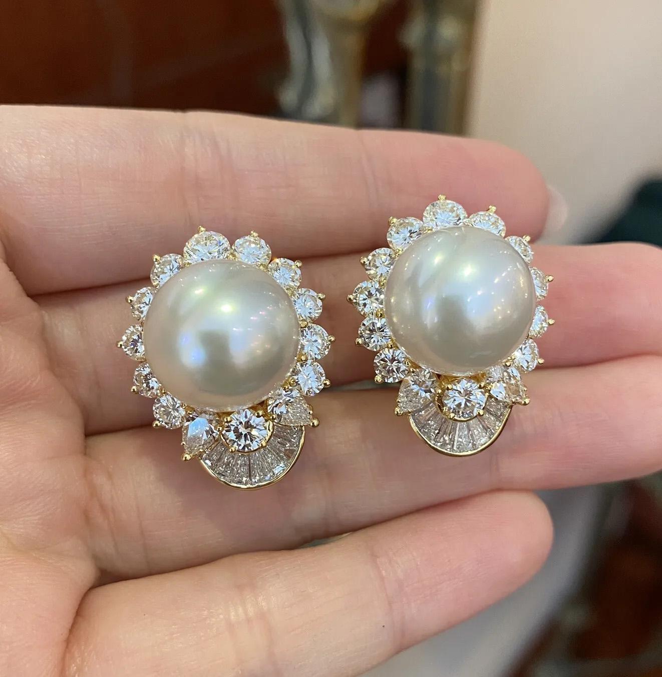 Women's Large White South Sea Pearl and Diamond Earrings in 18k Yellow Gold For Sale