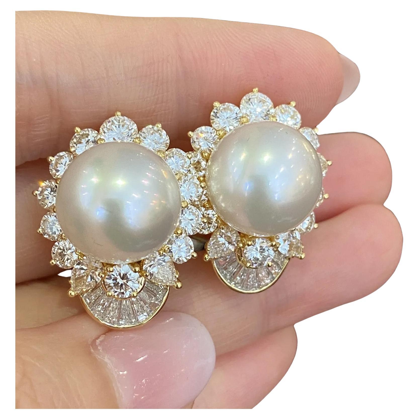 Large White South Sea Pearl and Diamond Earrings in 18k Yellow Gold For Sale
