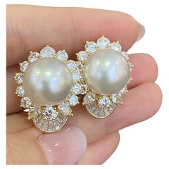 Vintage Large White South Sea Pearl and Diamond Earrings in 18k Yellow Gold