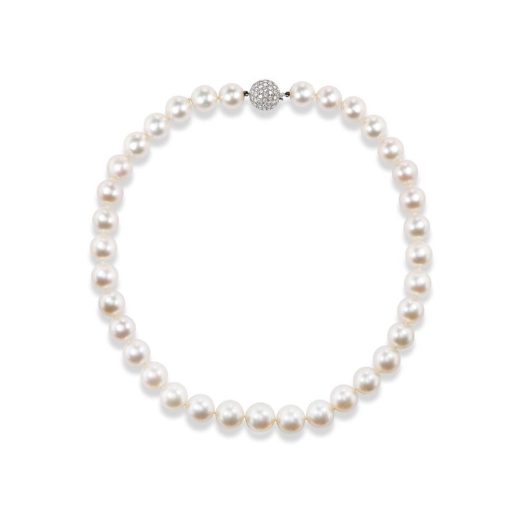 Large White South Sea Pearl Necklace with 18K Gold Diamond Ball Clasp ...