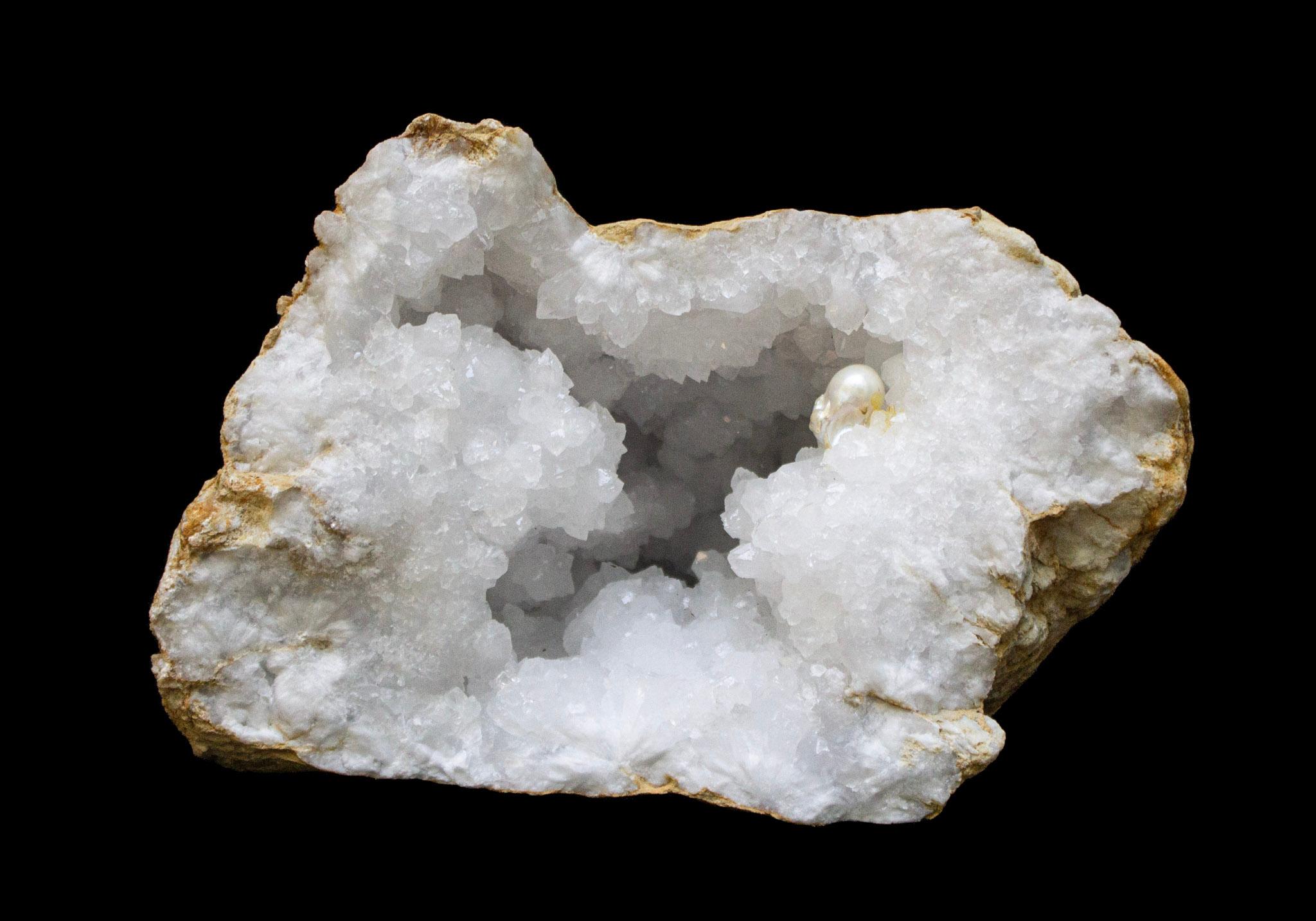 Prehistoric Large White Split Crystal Geodes with Natural Baroque Pearls For Sale