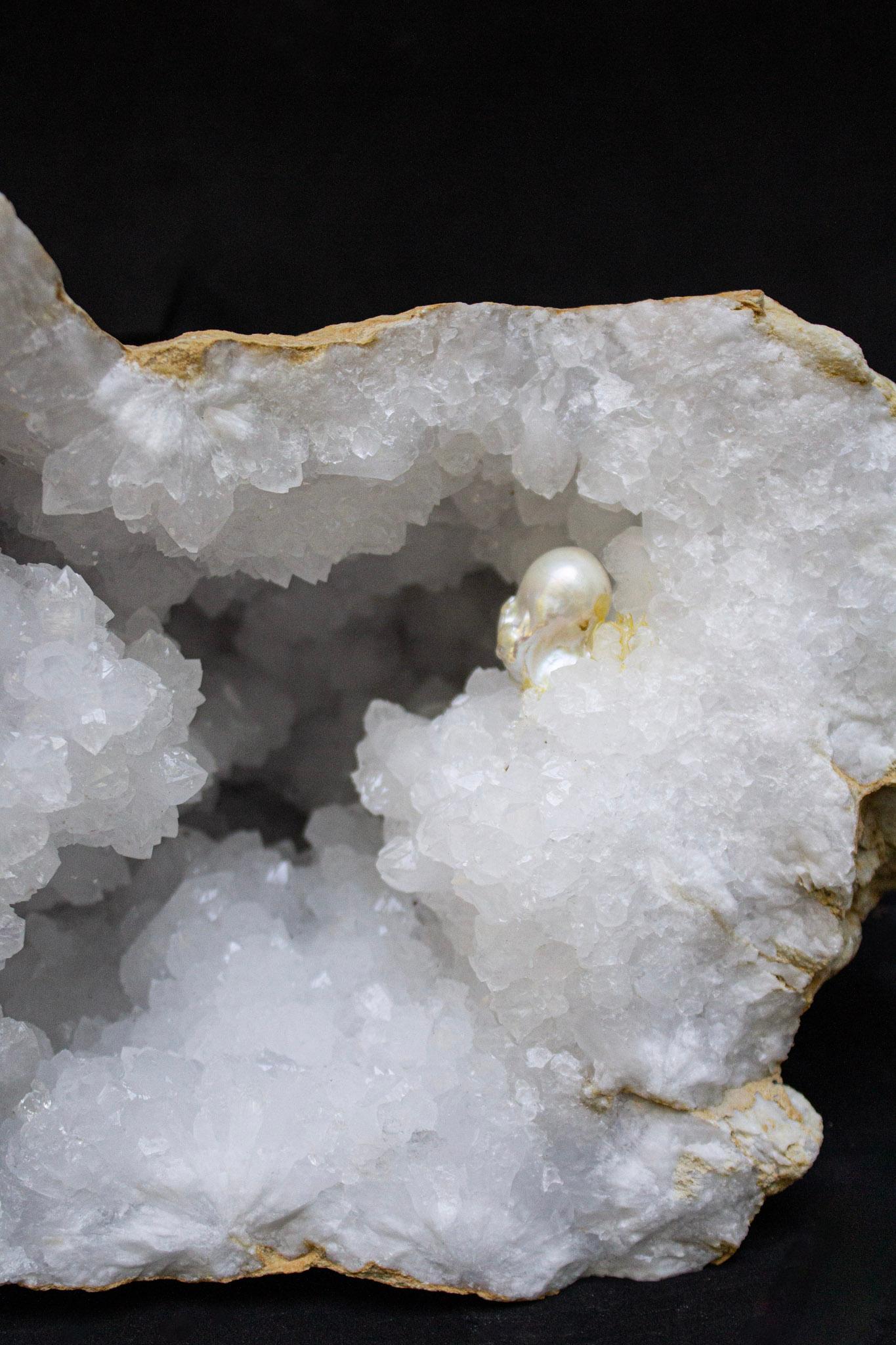 Moroccan Large White Split Crystal Geodes with Natural Baroque Pearls For Sale