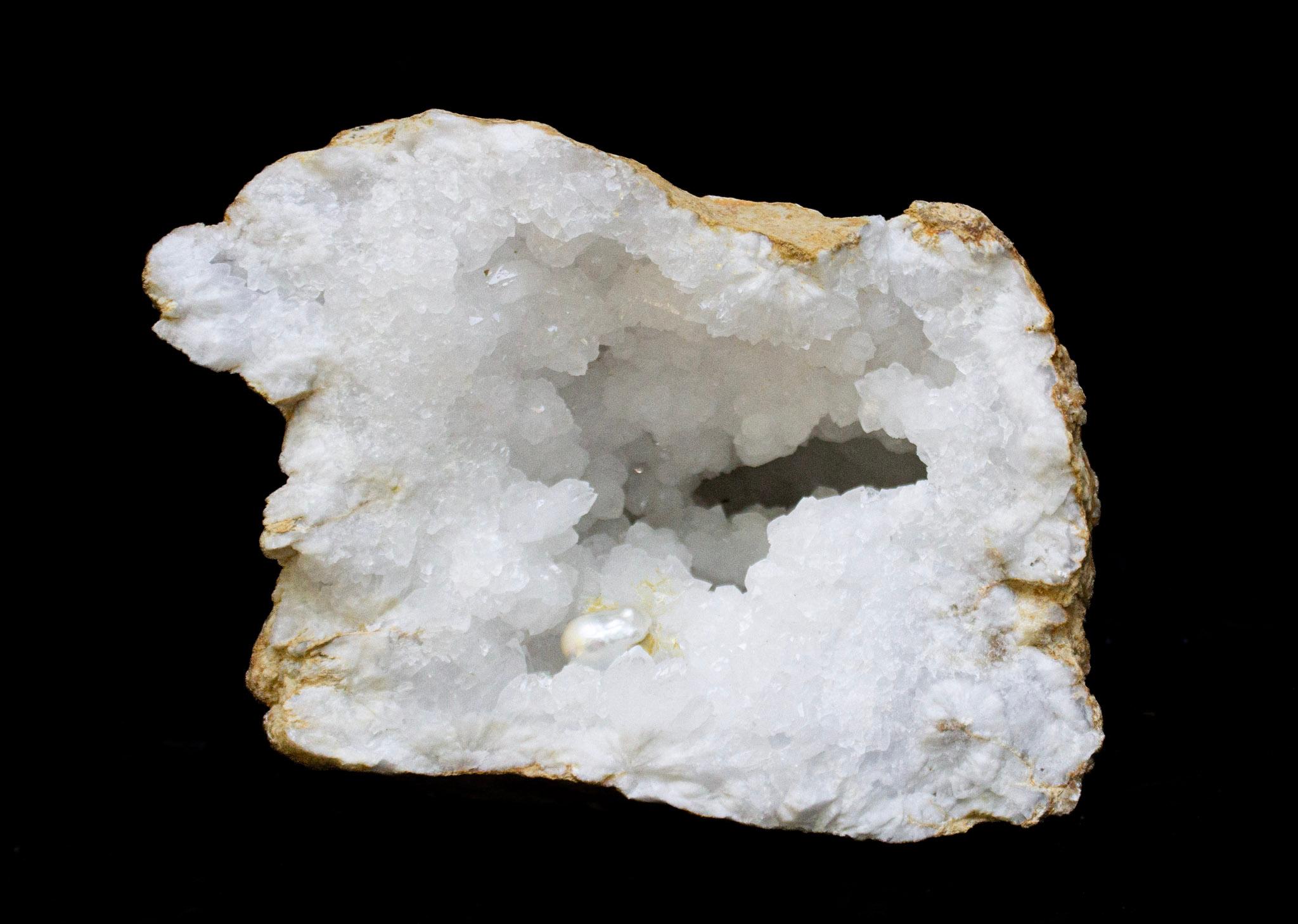 18th Century and Earlier Large White Split Crystal Geodes with Natural Baroque Pearls For Sale