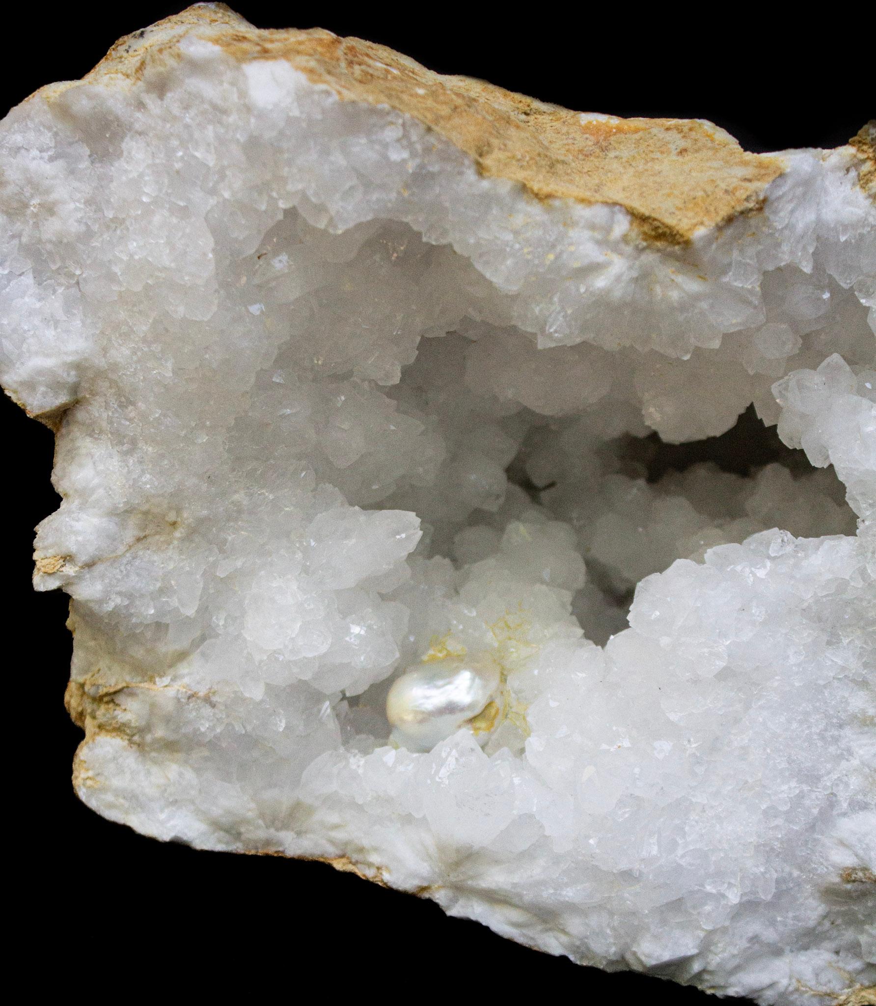Rock Crystal Large White Split Crystal Geodes with Natural Baroque Pearls For Sale