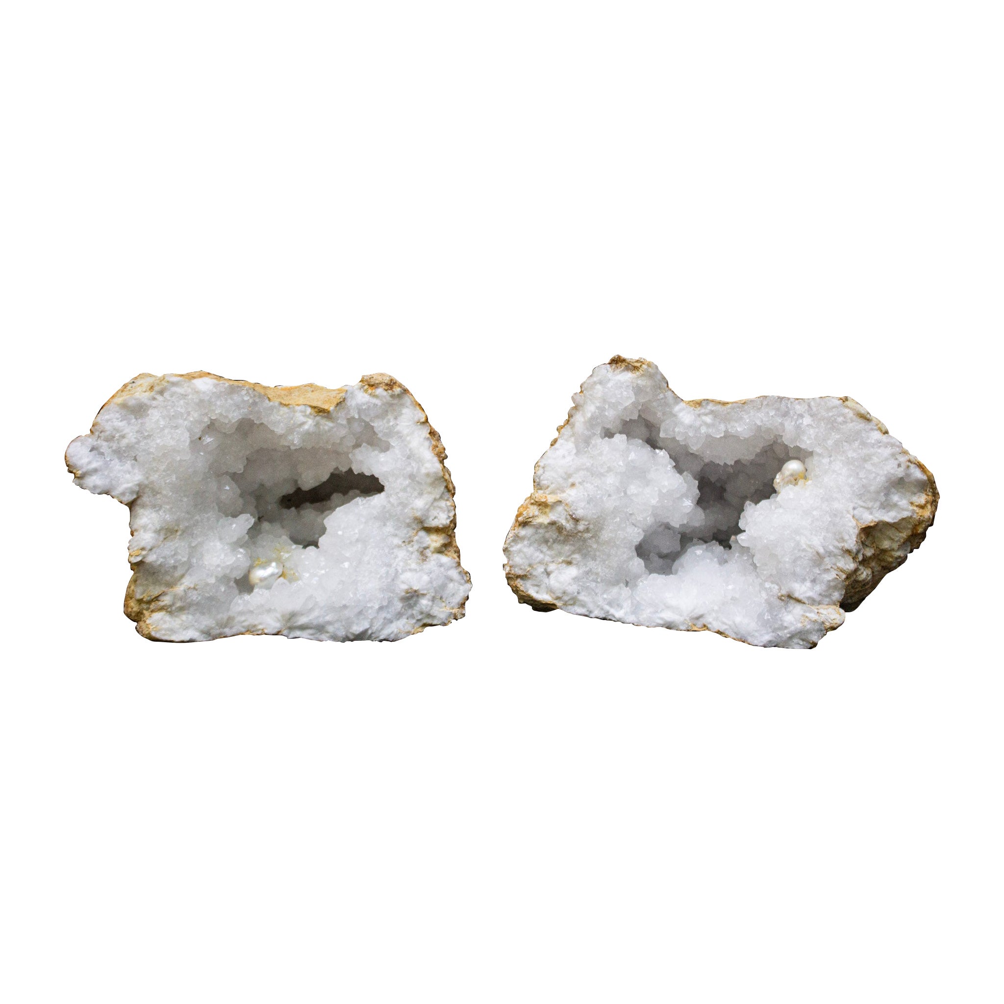 Large White Split Crystal Geodes with Natural Baroque Pearls