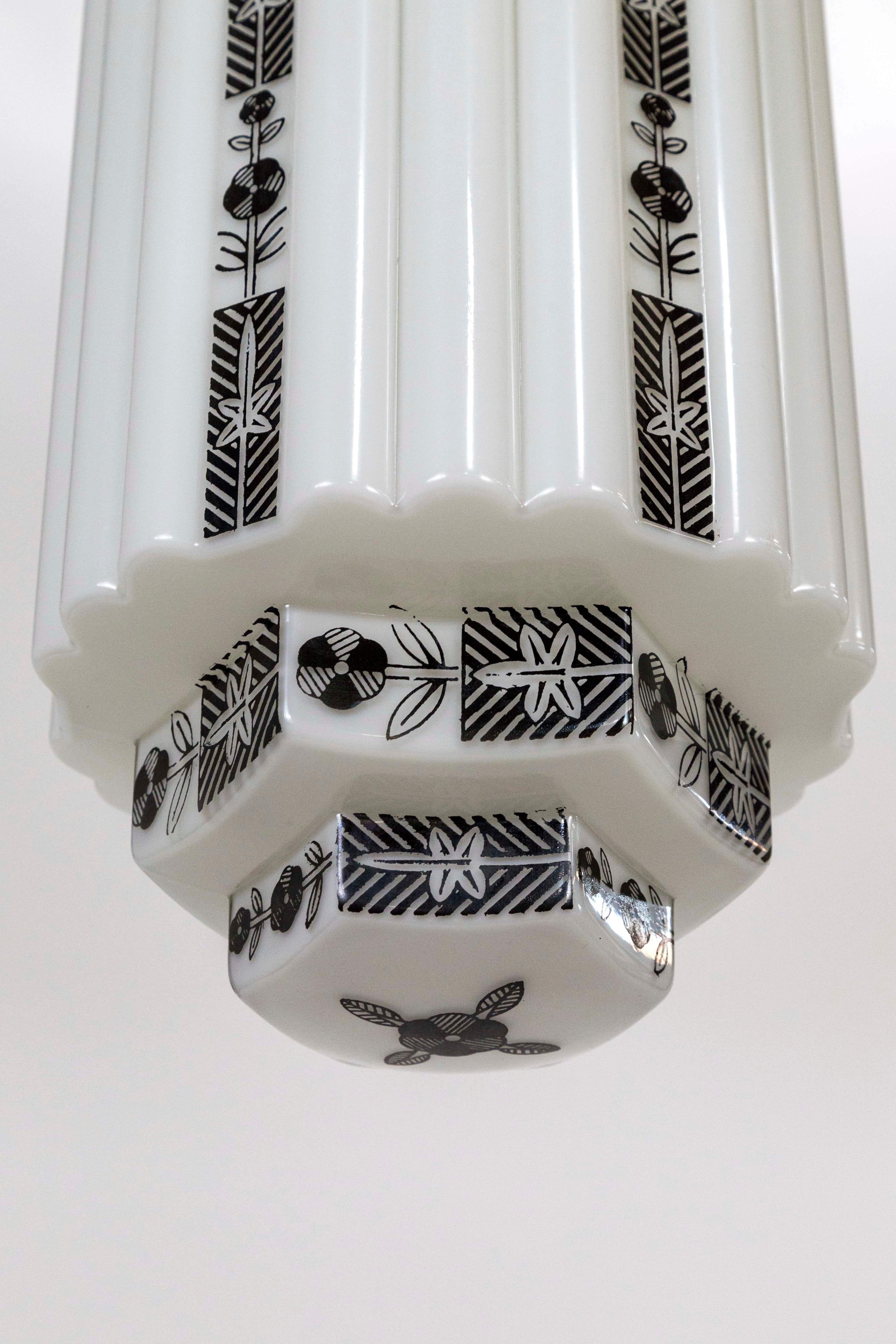 Art Deco Large White Step Glass Cylinder Deco Pendant with Black Flower Stripes