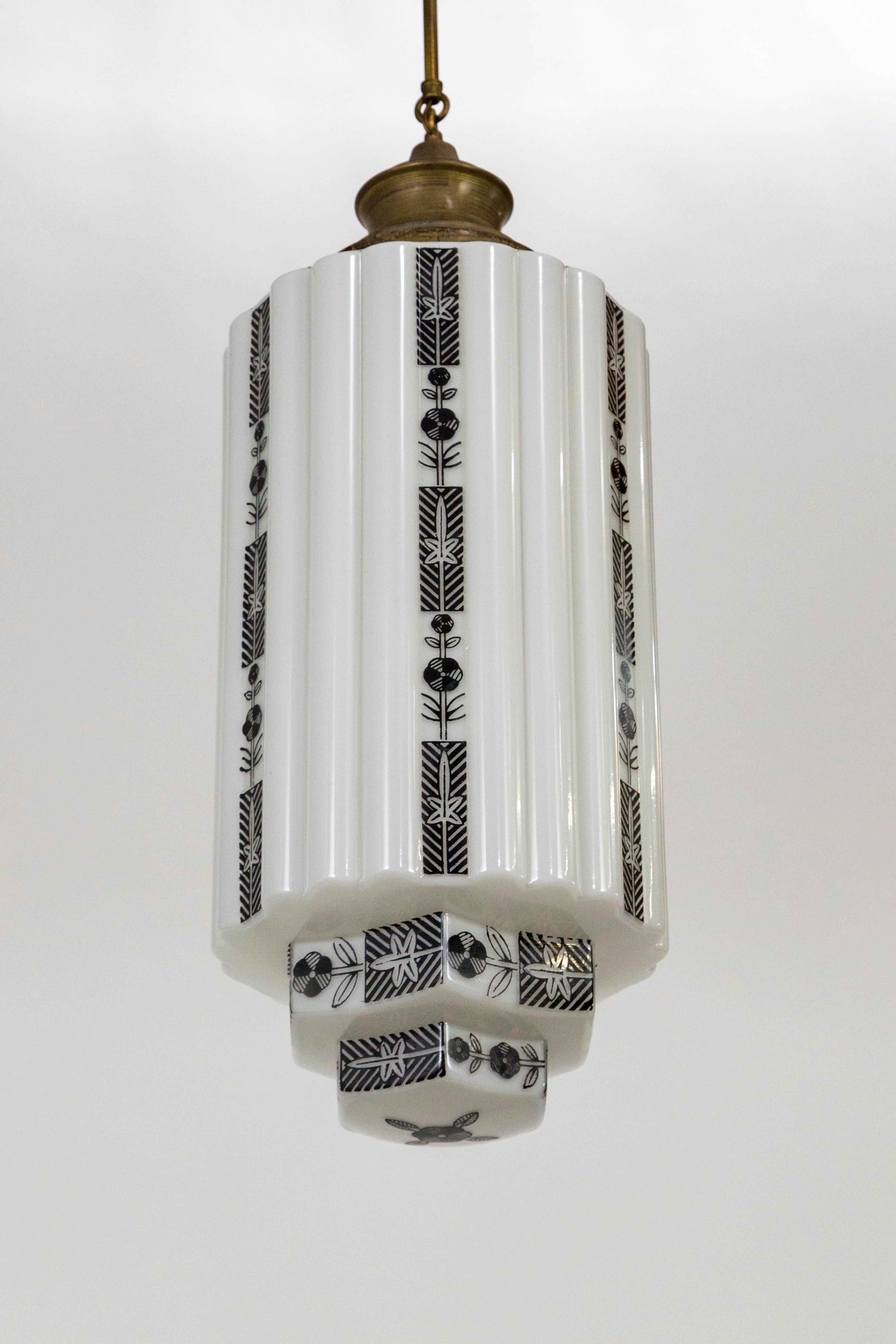 Large White Step Glass Cylinder Deco Pendant with Black Flower Stripes In Good Condition In San Francisco, CA