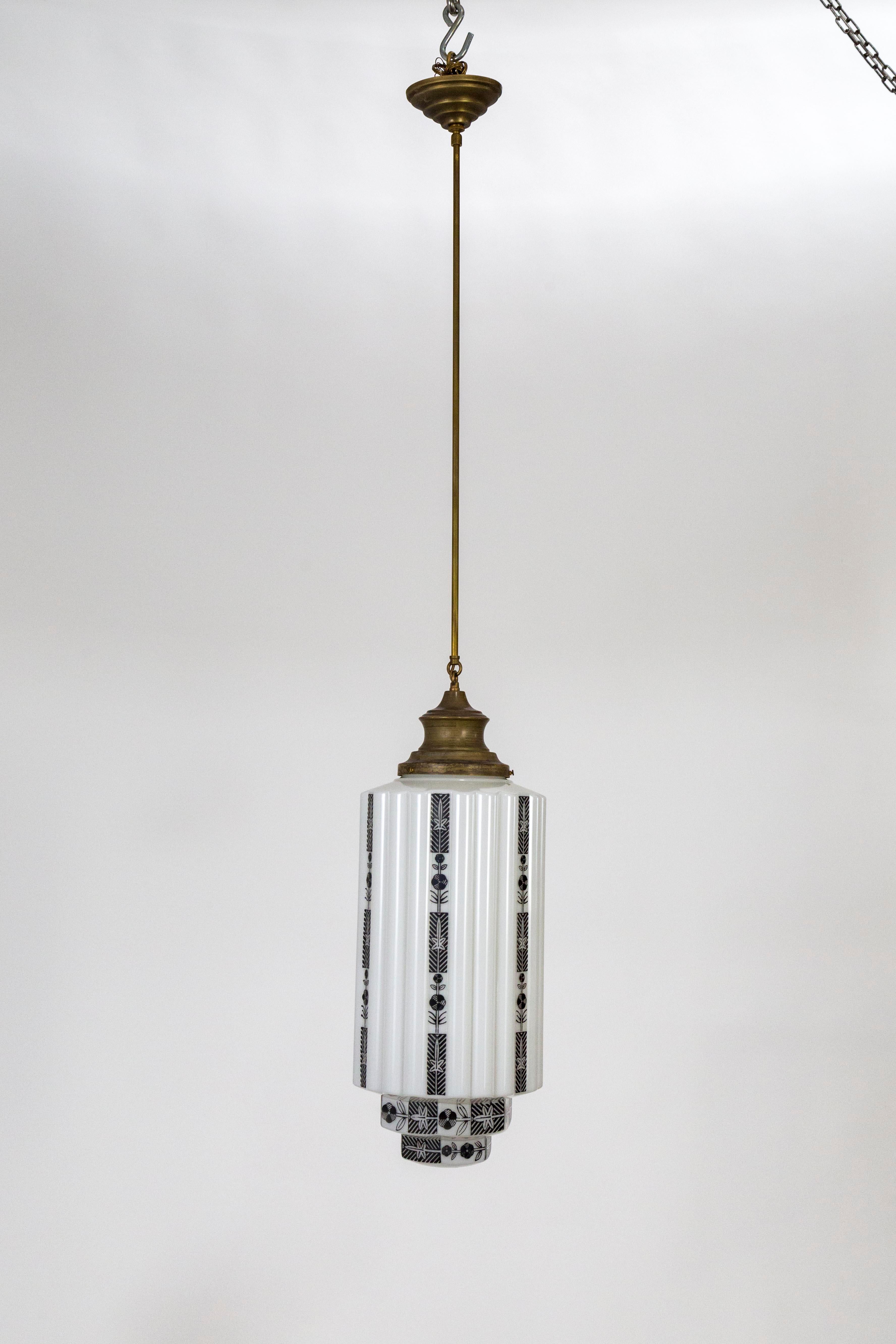 Mid-20th Century Large White Step Glass Cylinder Deco Pendant with Black Flower Stripes