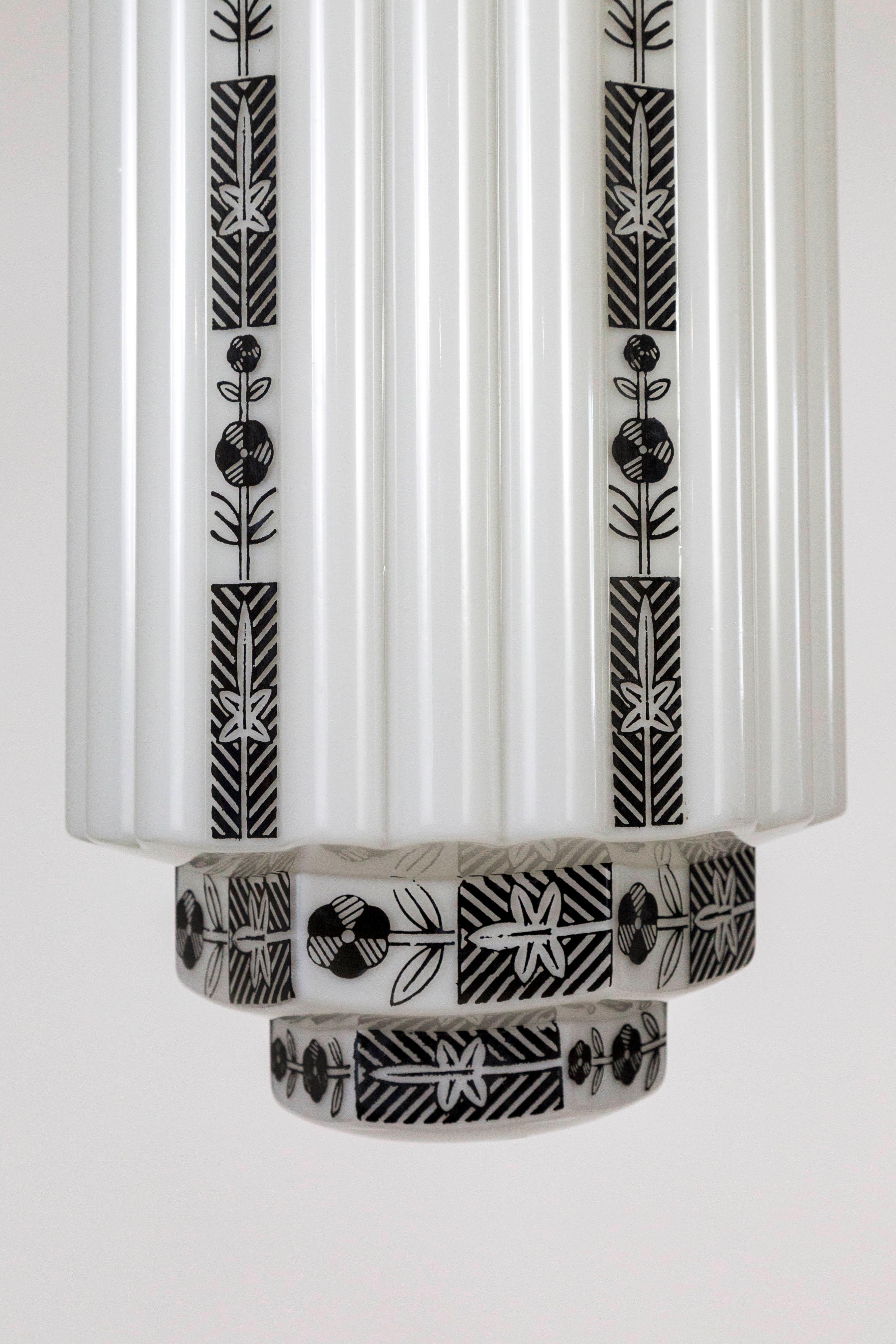 Brass Large White Step Glass Cylinder Deco Pendant with Black Flower Stripes