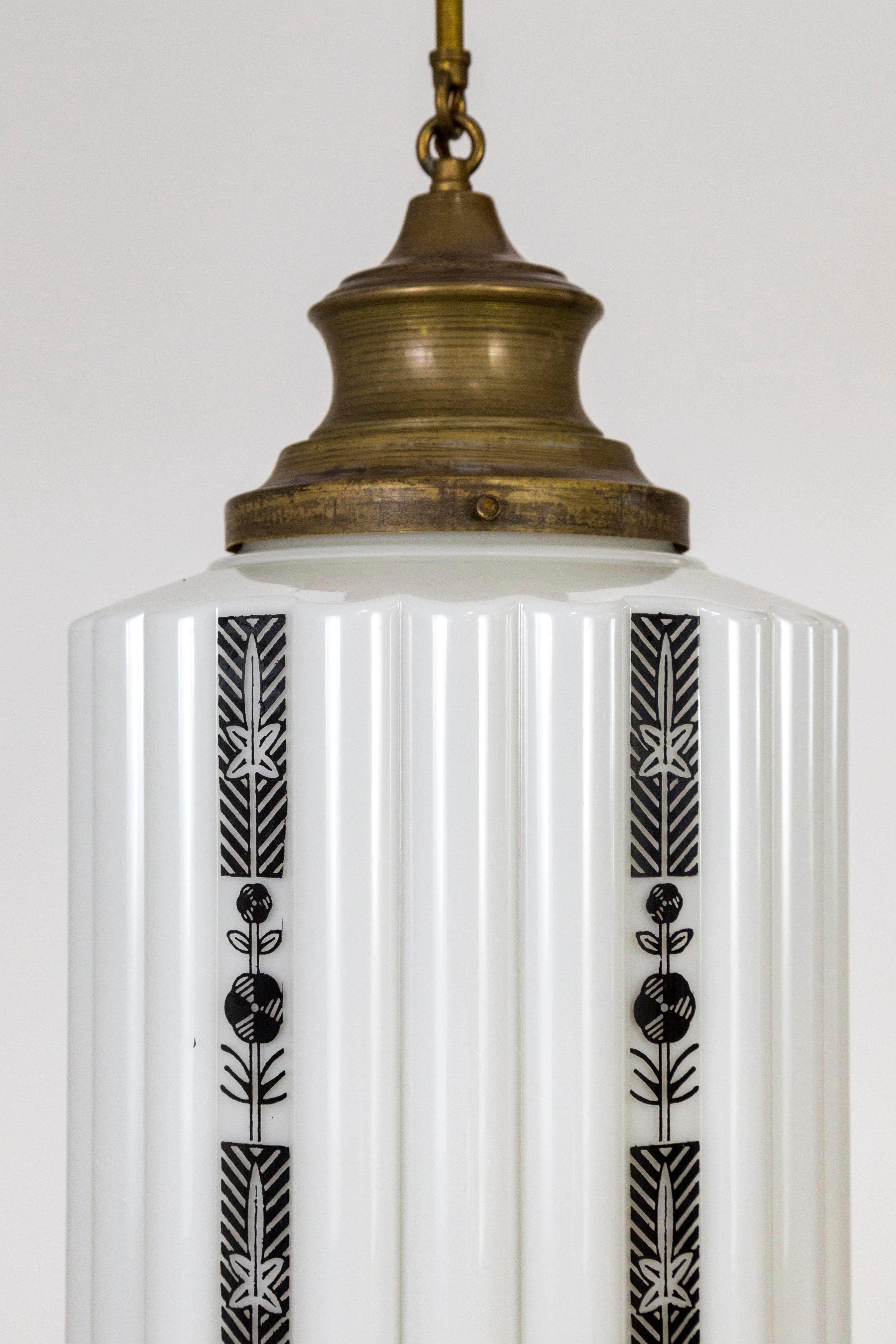 Large White Step Glass Cylinder Deco Pendant with Black Flower Stripes 2