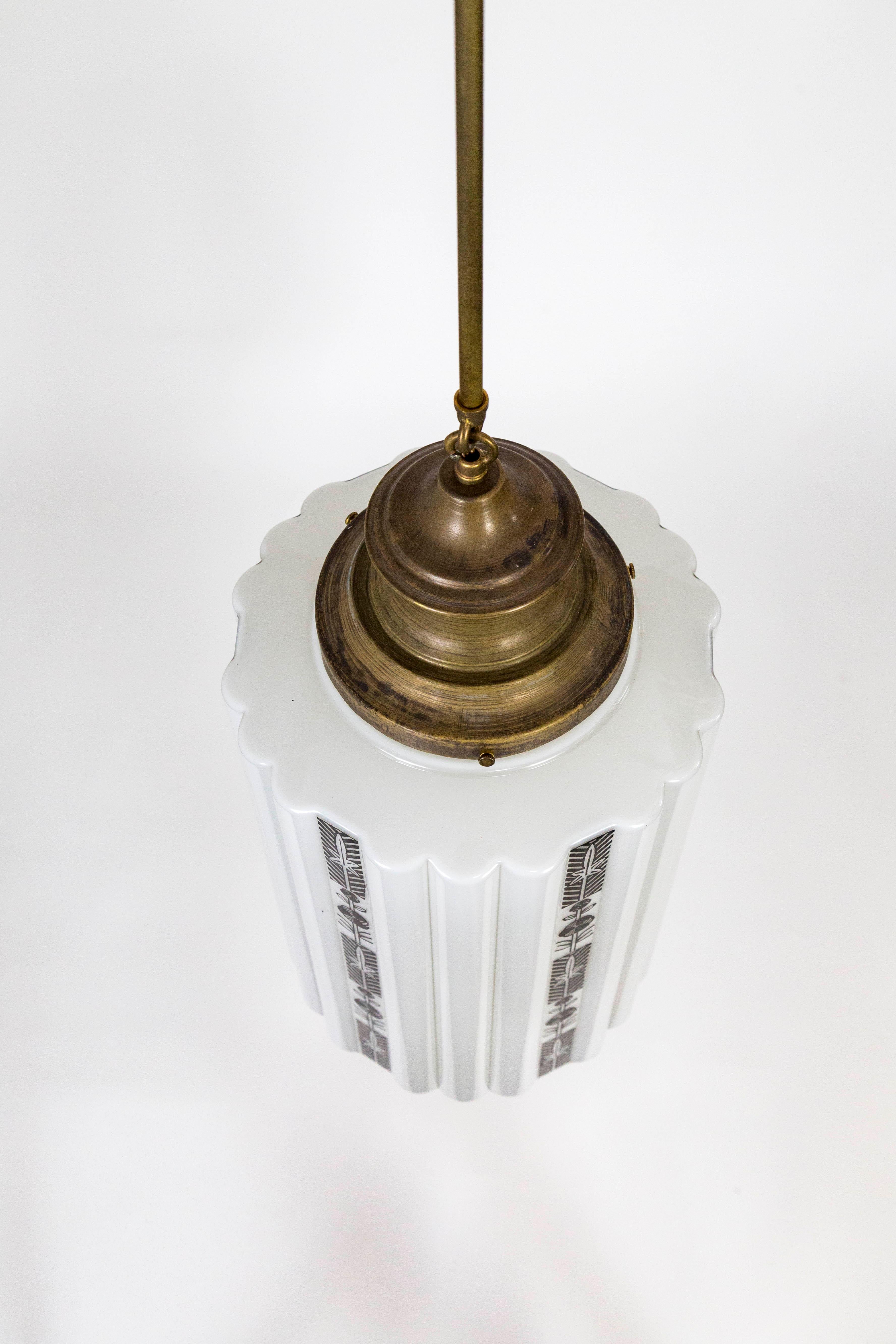 Large White Step Glass Cylinder Deco Pendant with Black Flower Stripes 3