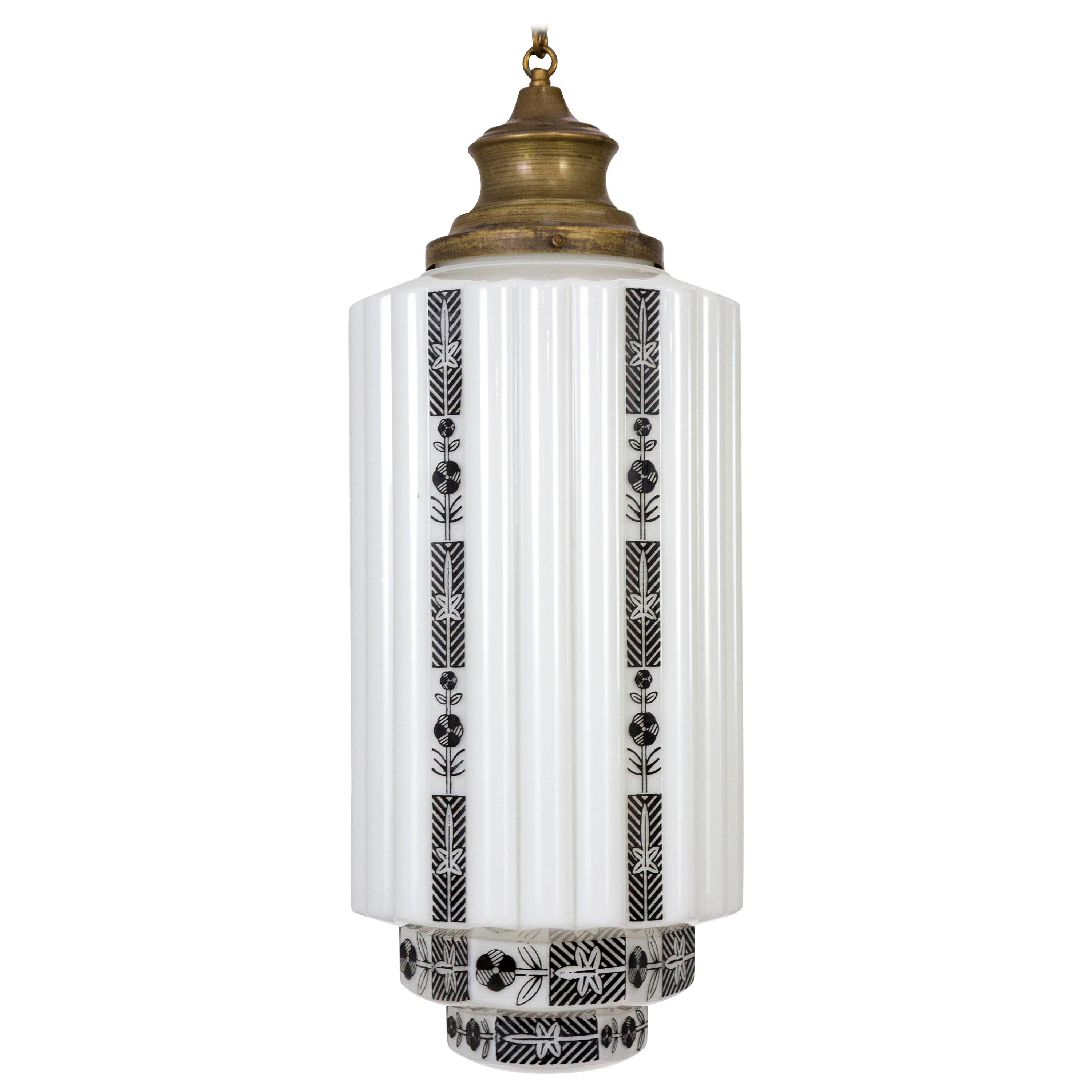 Large White Step Glass Cylinder Deco Pendant with Black Flower Stripes