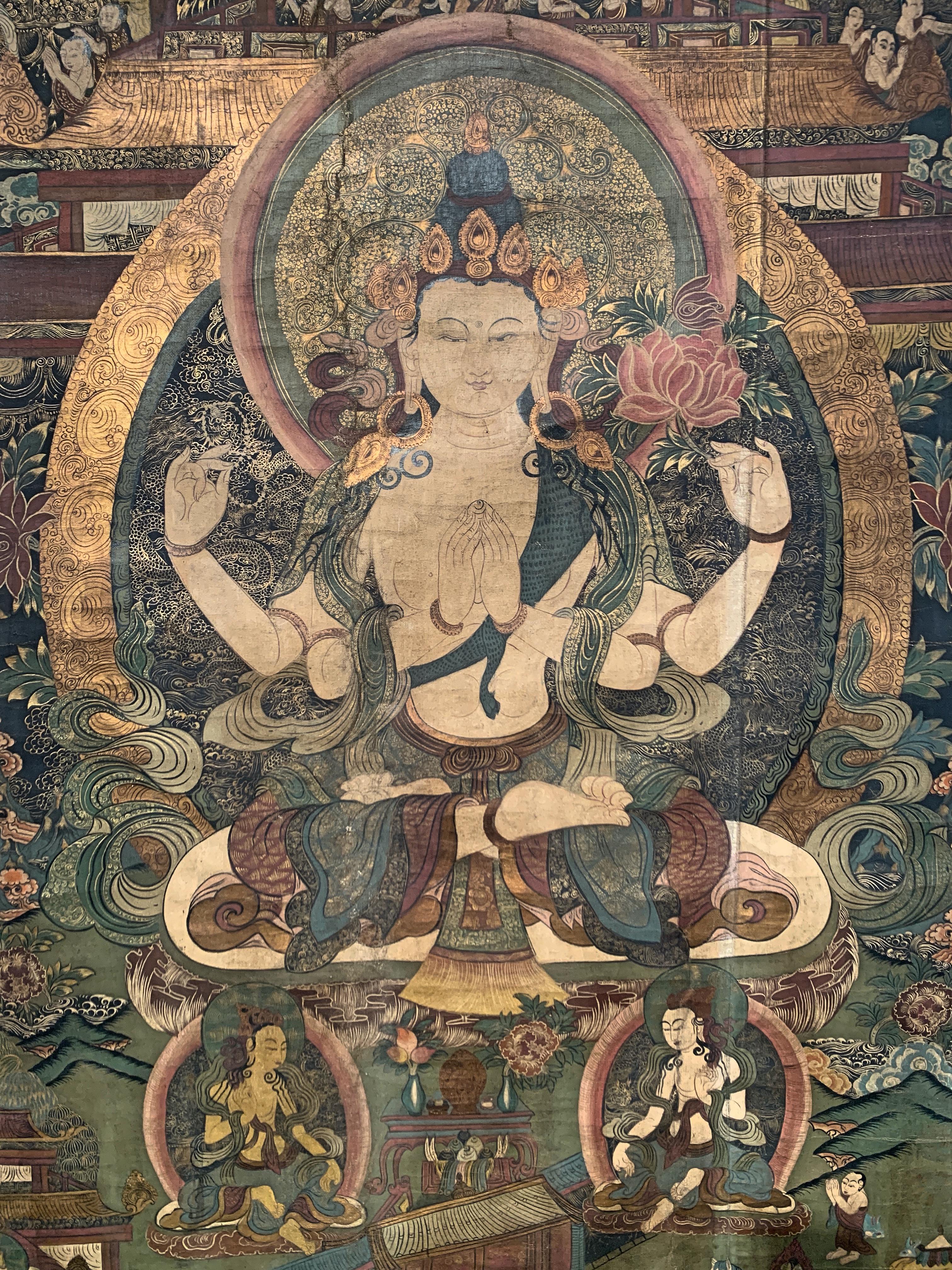 A large and very finely painted thangka of White Tara, early Dharamshala school, mineral pigments and gilding on loosely woven canvas, mid 20th century, Dharamshala, India. 

This unusually large thangka depicts the female bodhisattva known as