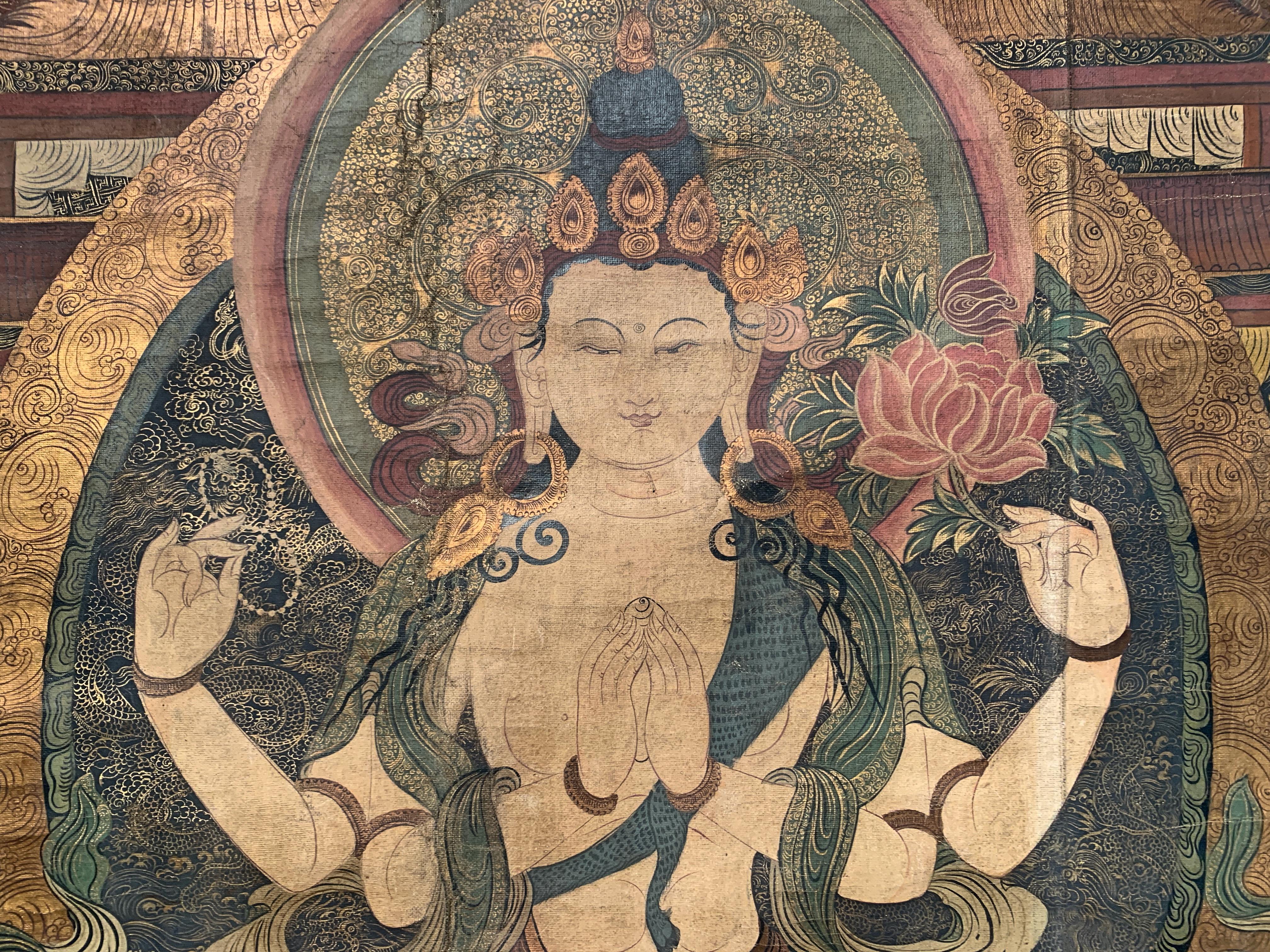 Tibetan Large White Tara Painted Thangka, Dharamshala School, Mid-20th Century, India
