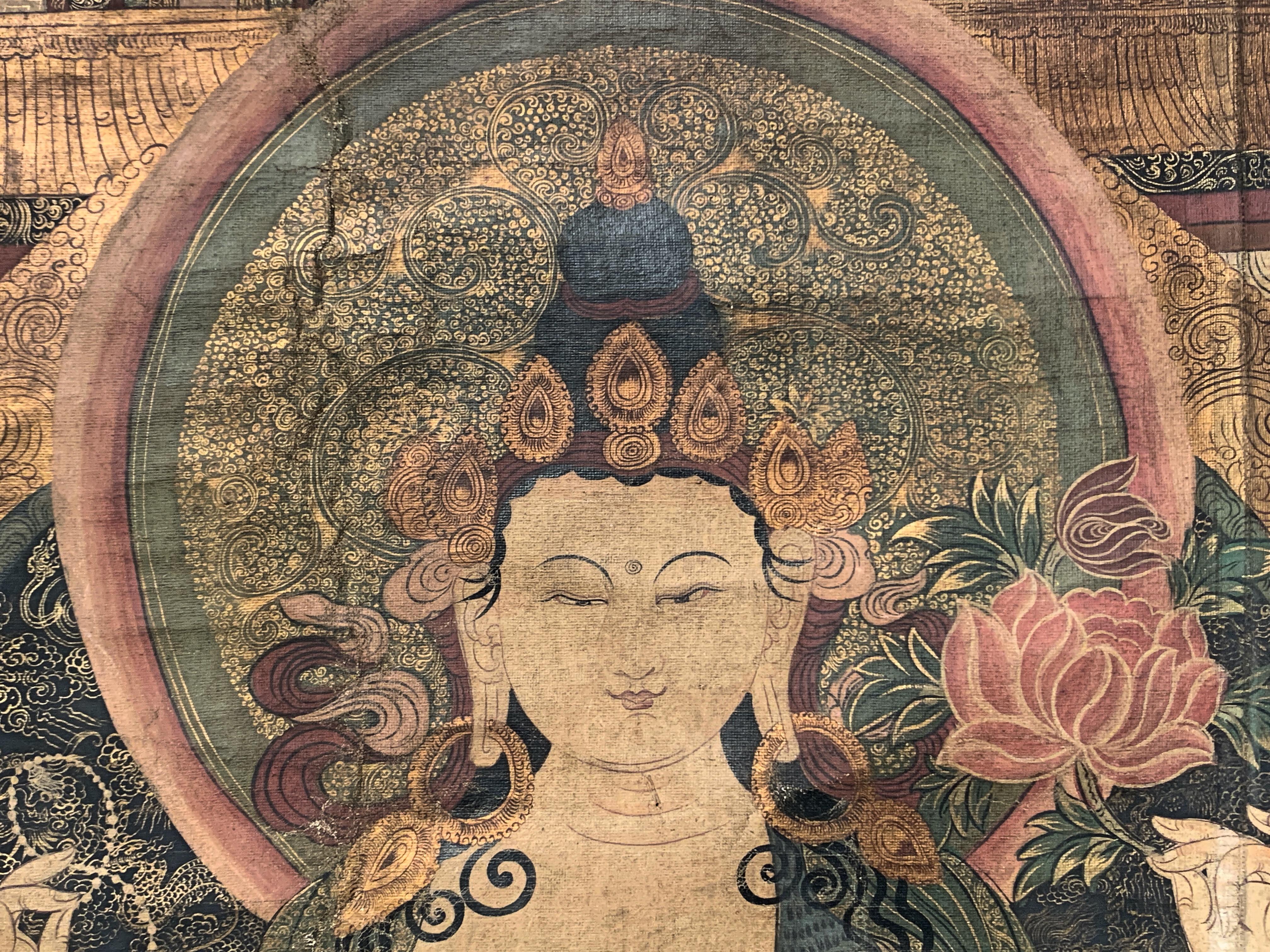 Gilt Large White Tara Painted Thangka, Dharamshala School, Mid-20th Century, India