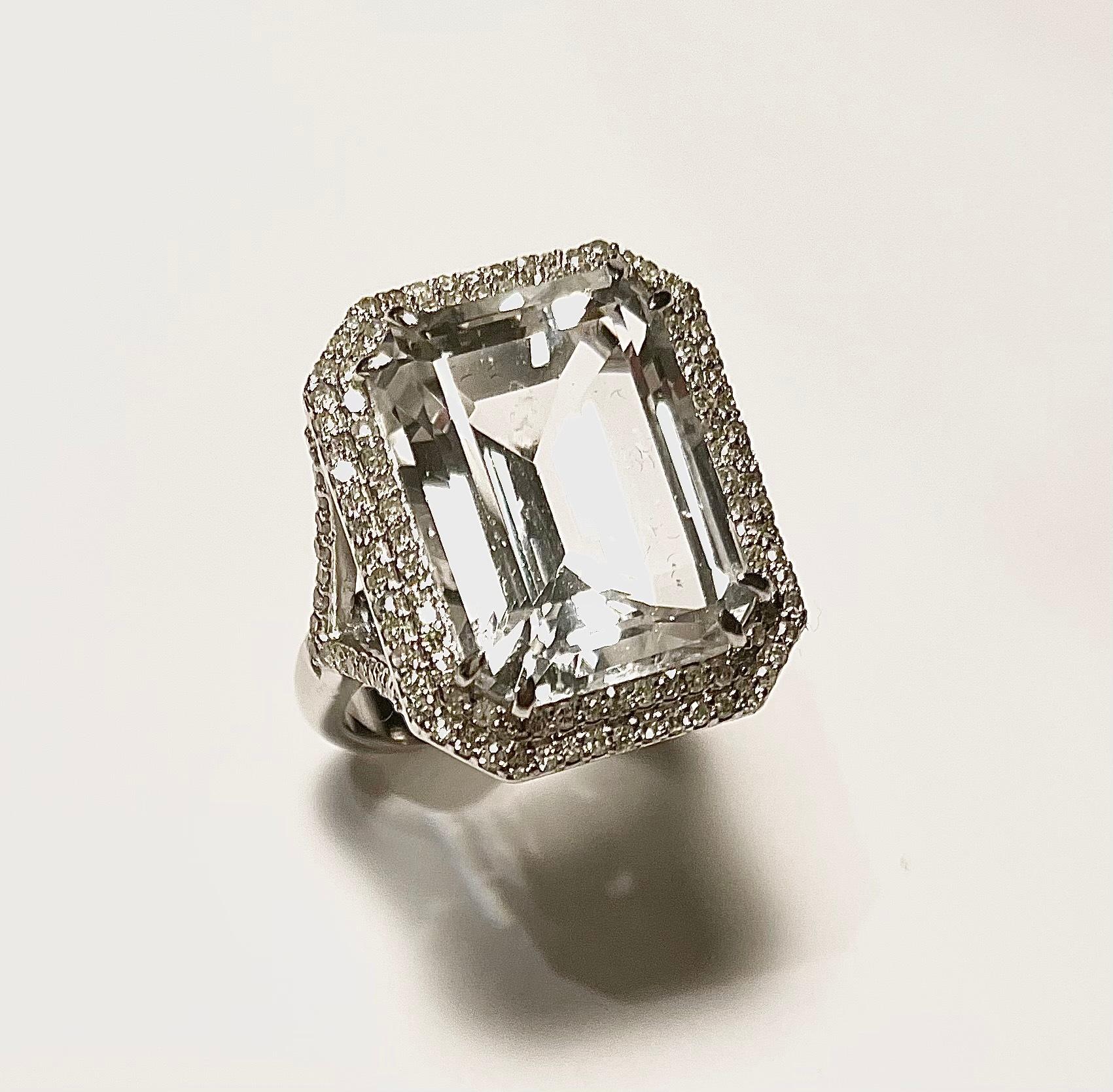 Emerald Cut Large White Topaz and Pave Diamonds Ring For Sale
