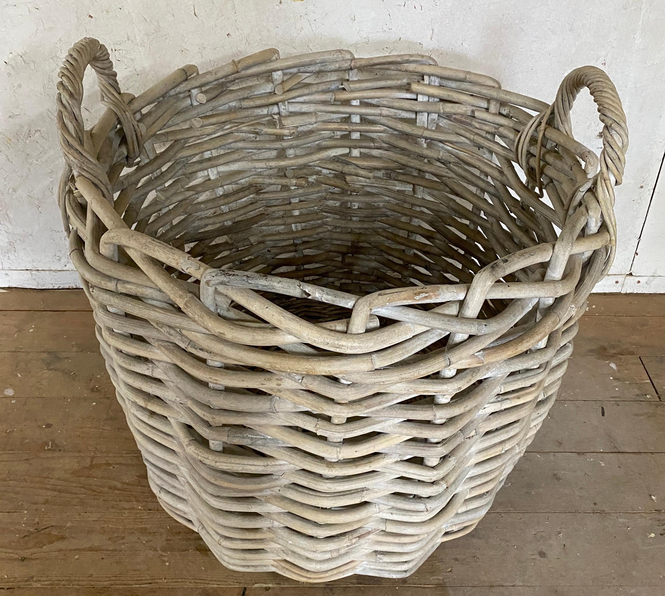 Country Large White Washed Wicker Basket