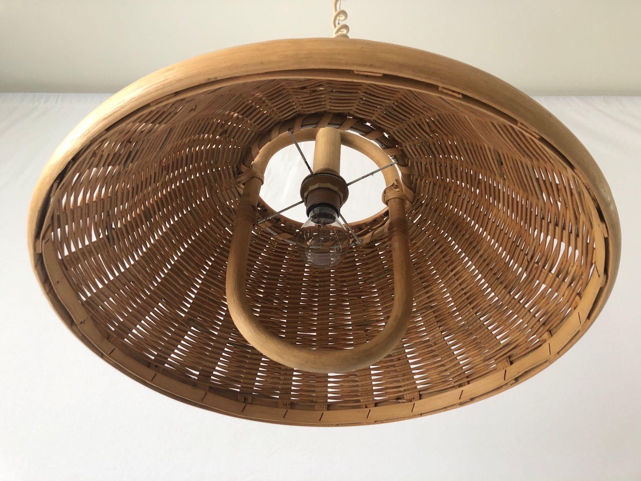 Mid-20th Century Large Wicker Adjustable Shade Pendant Lamp, 1960s, Germany For Sale