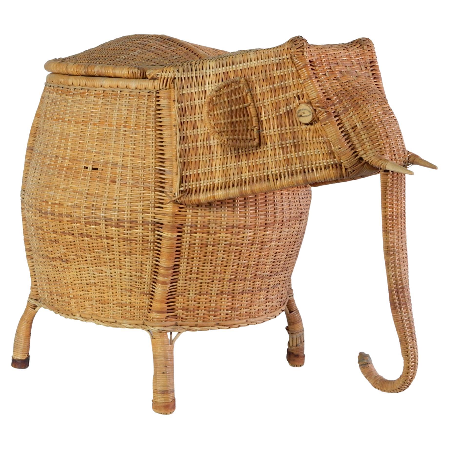 Large Wicker and Rattan Elephant Lidded Basket French, 1960s at 1stDibs