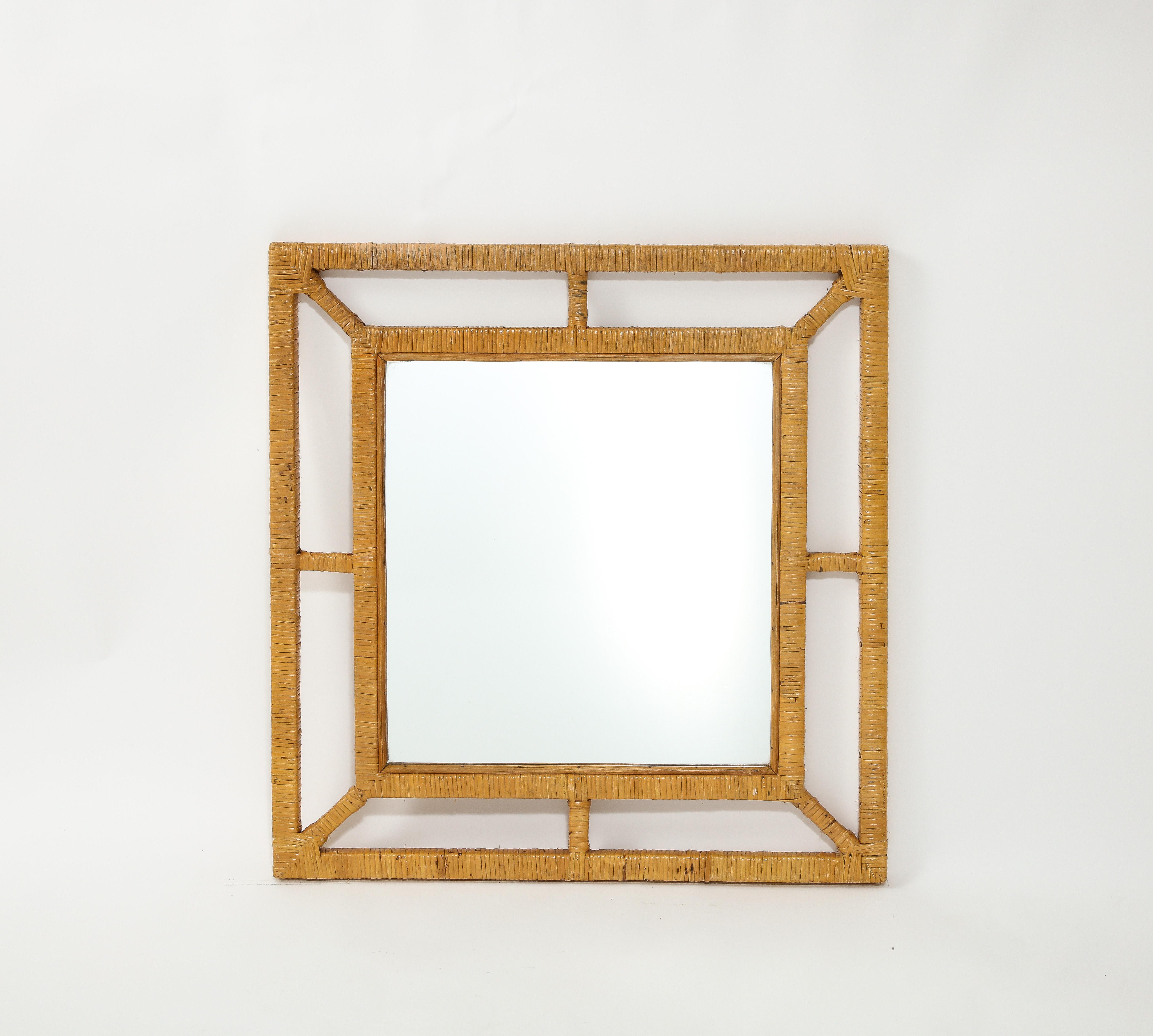 Grand miroir à double encadrement en bois et osier avec verre d'origine.