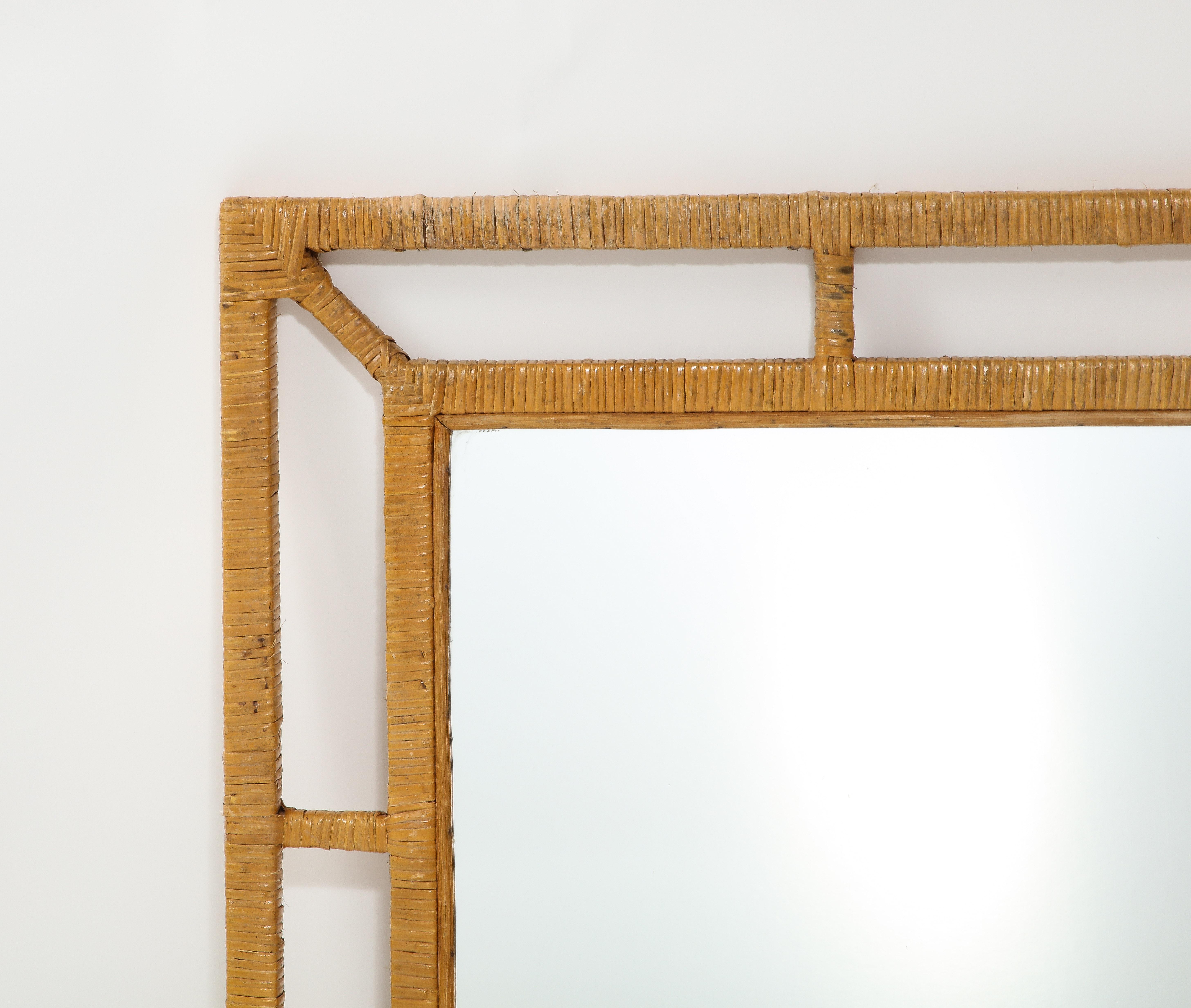 Mid-Century Modern Large Wicker and Wood Mirror, France 1960's For Sale