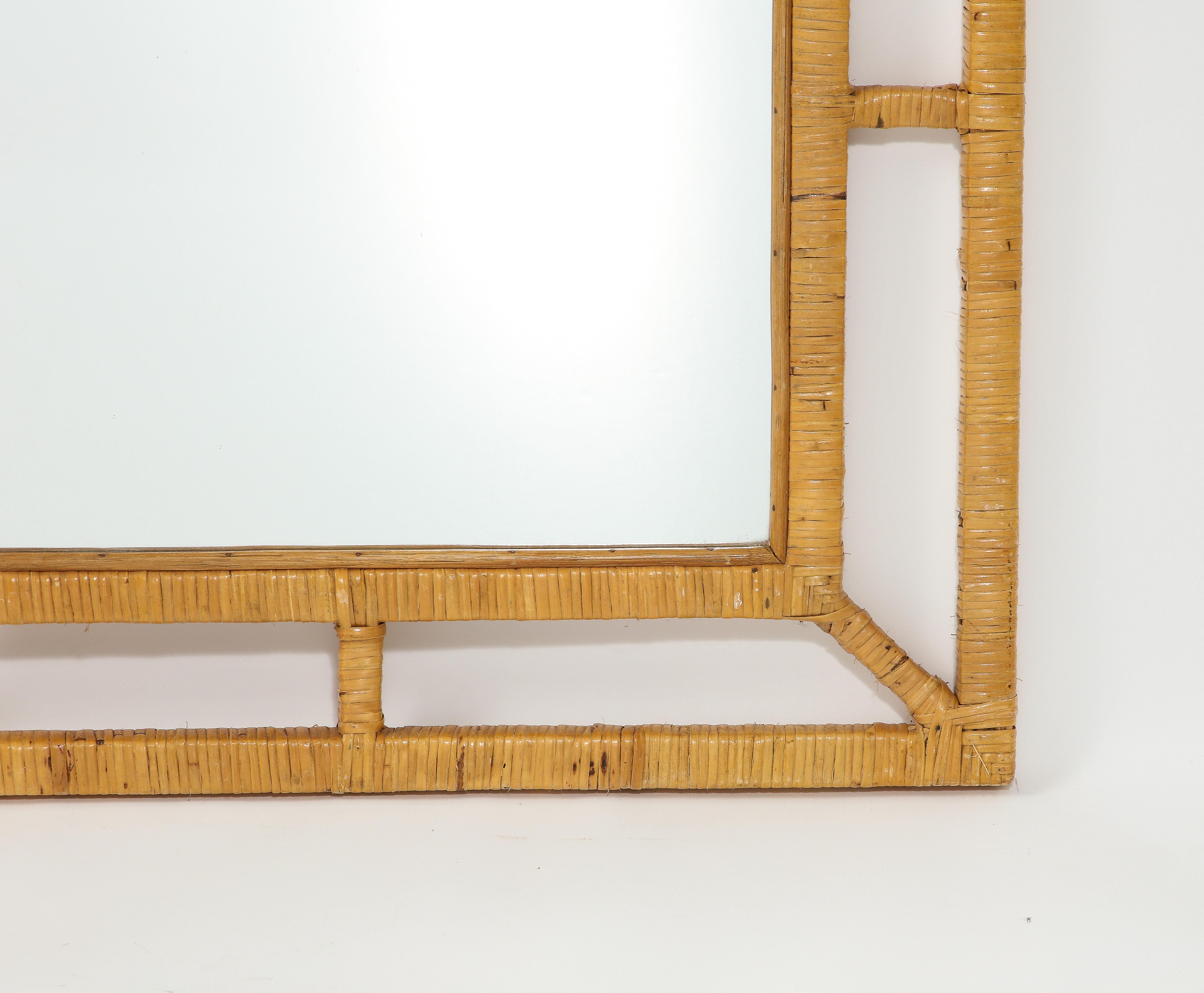 French Large Wicker and Wood Mirror, France 1960's For Sale