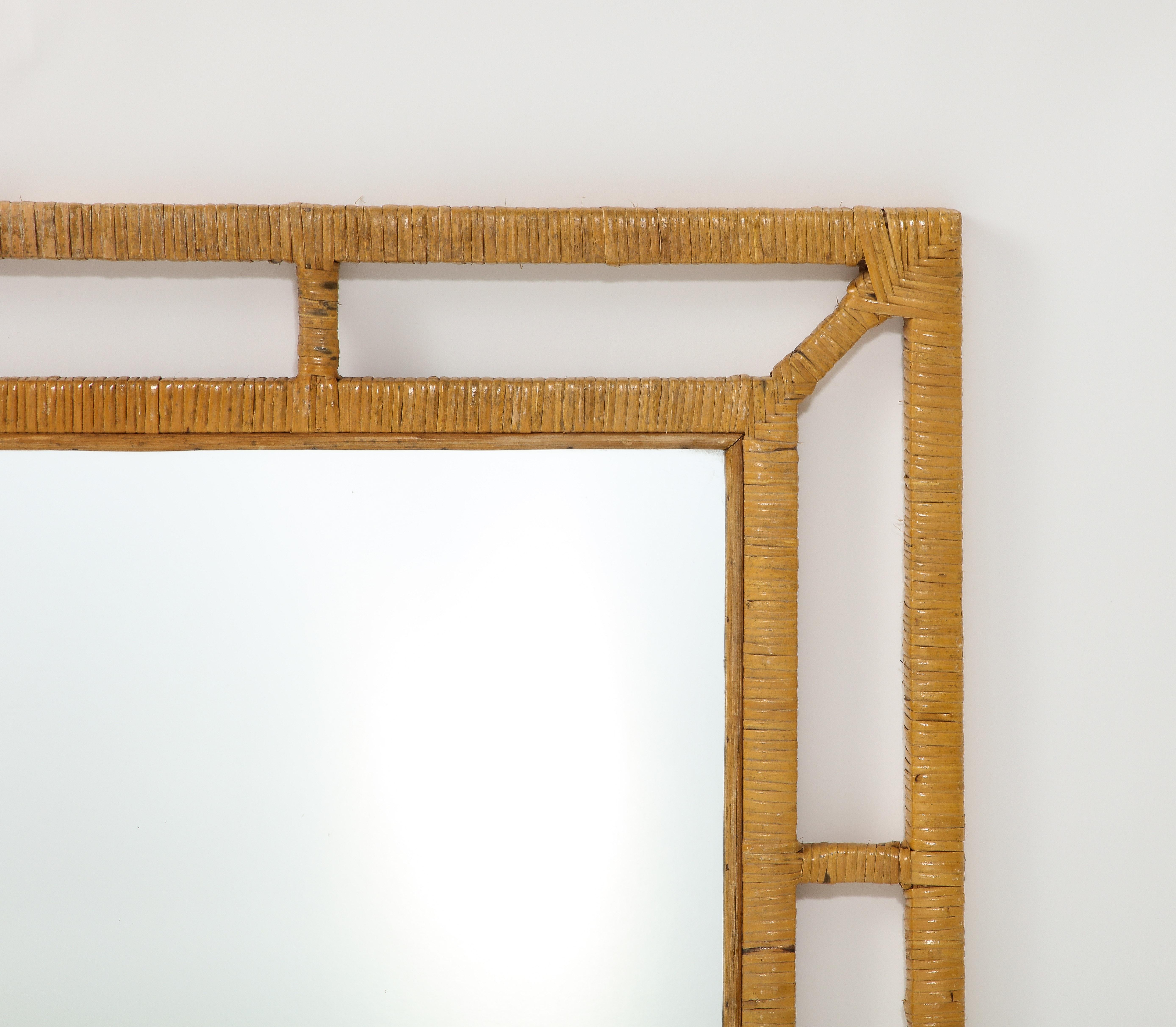 Hand-Woven Large Wicker and Wood Mirror, France 1960's For Sale