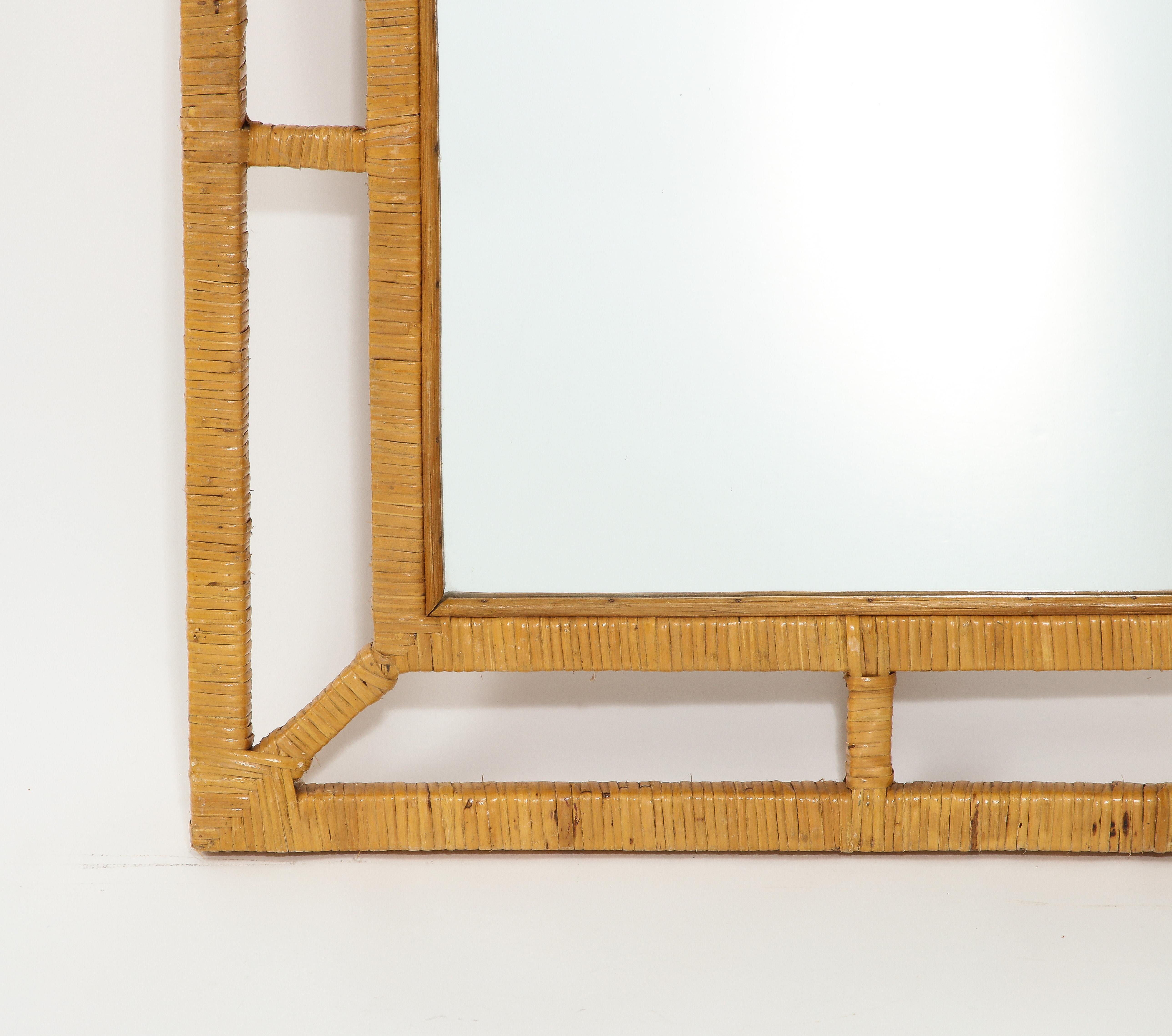 Large Wicker and Wood Mirror, France 1960's In Good Condition For Sale In New York, NY