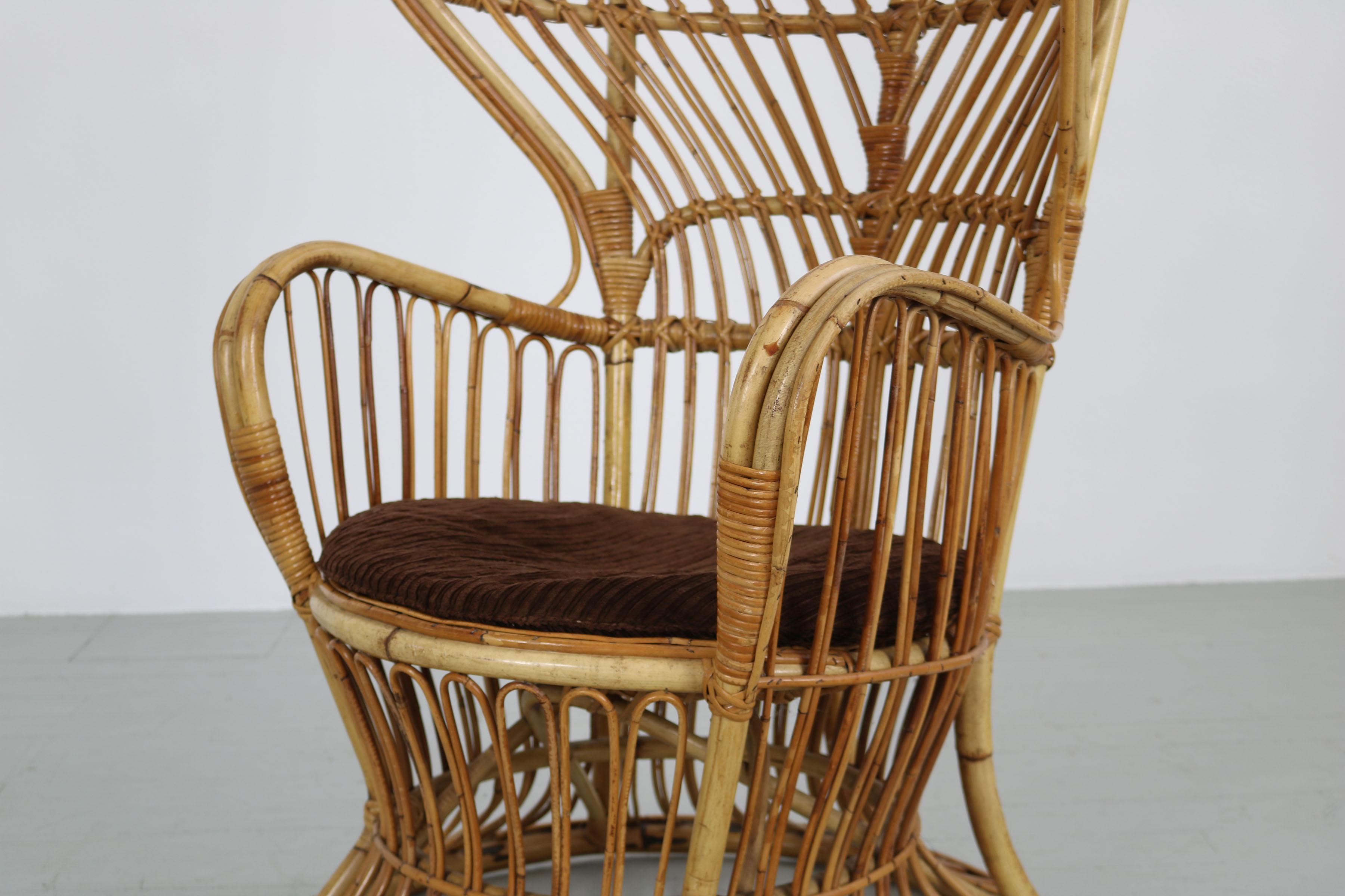 Large Italian Wicker Armchair with High Backrest, 1950s 2