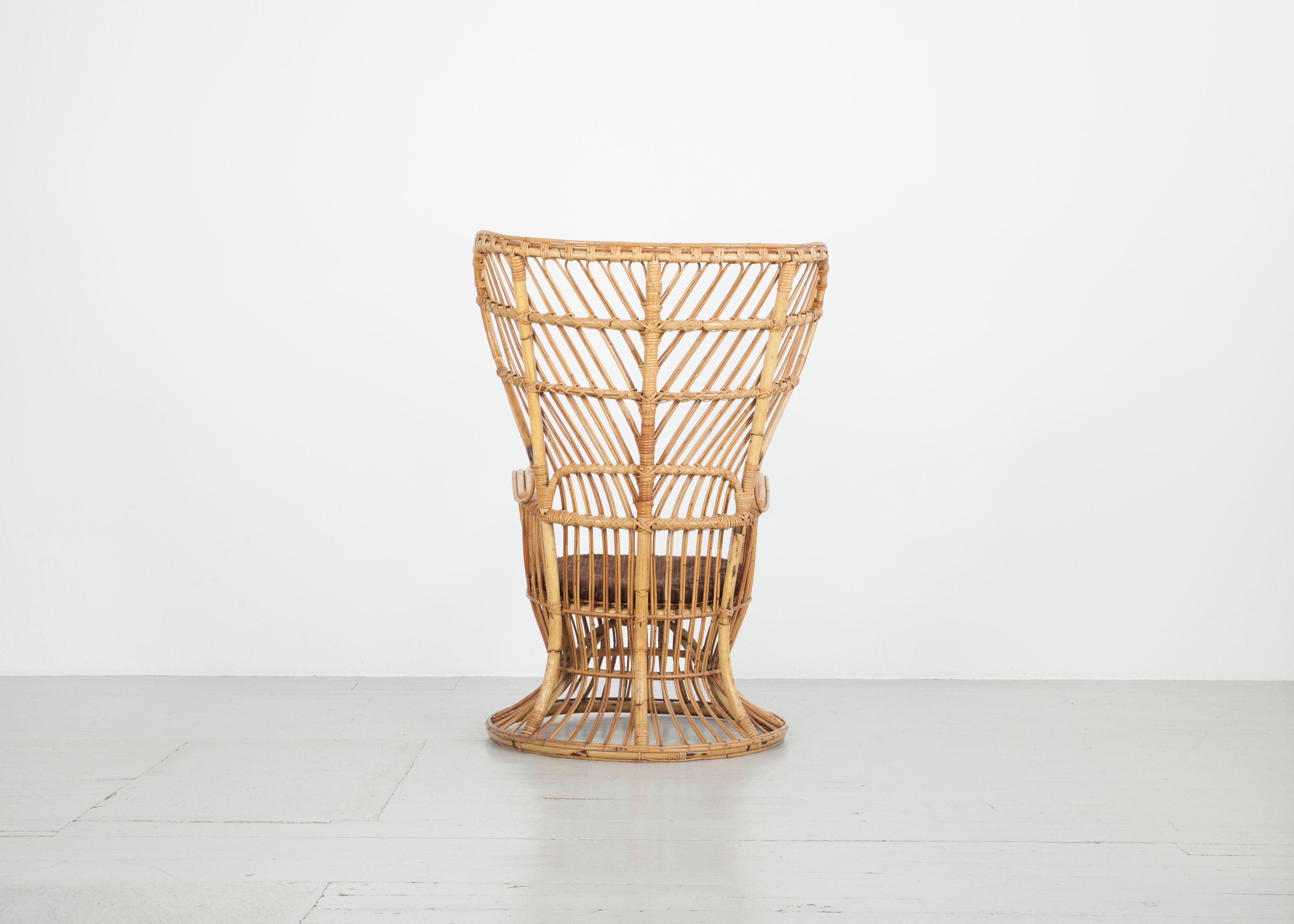 Mid-Century Modern Large Italian Wicker Armchair with High Backrest, 1950s