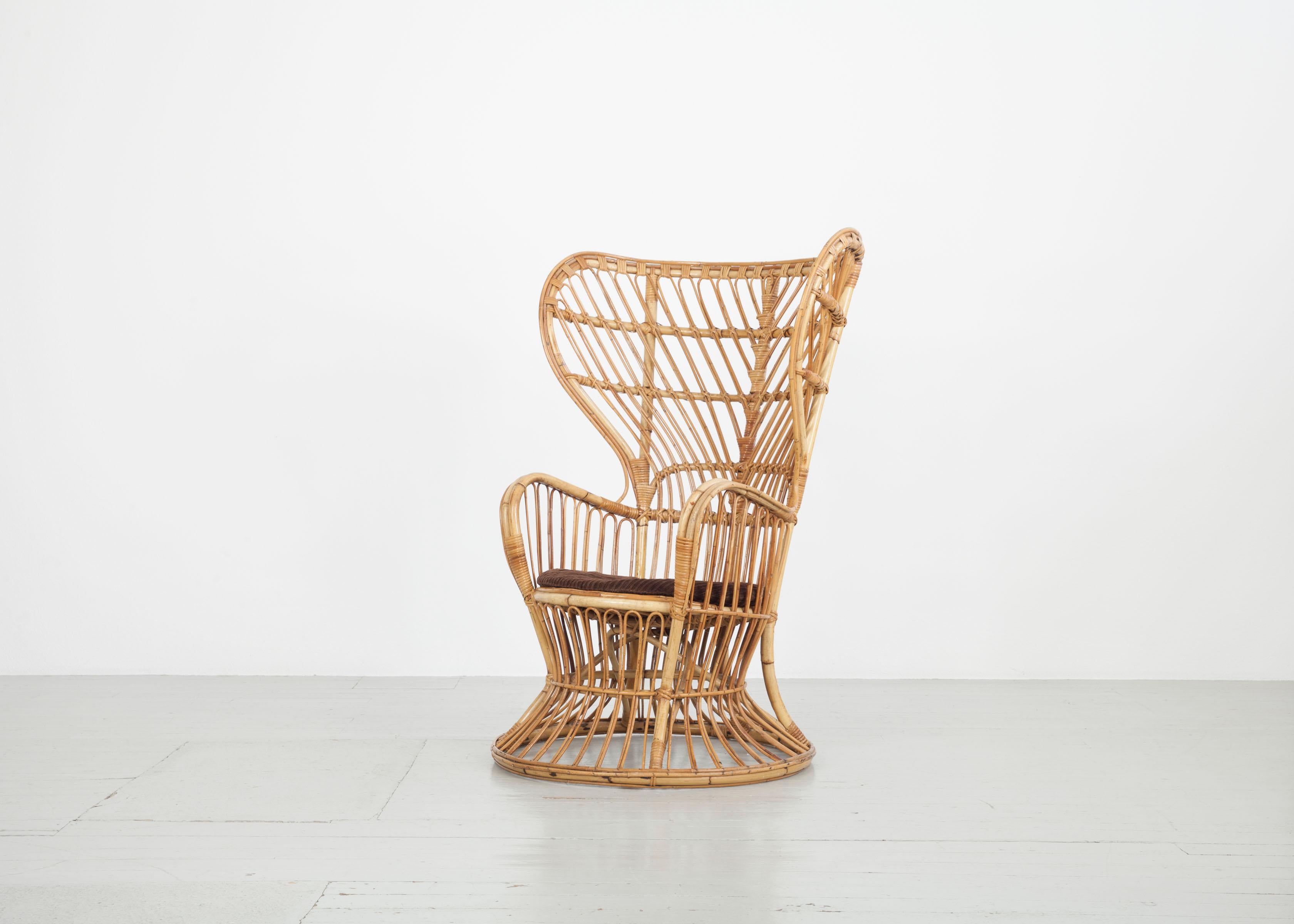 Mid-20th Century Large Italian Wicker Armchair with High Backrest, 1950s